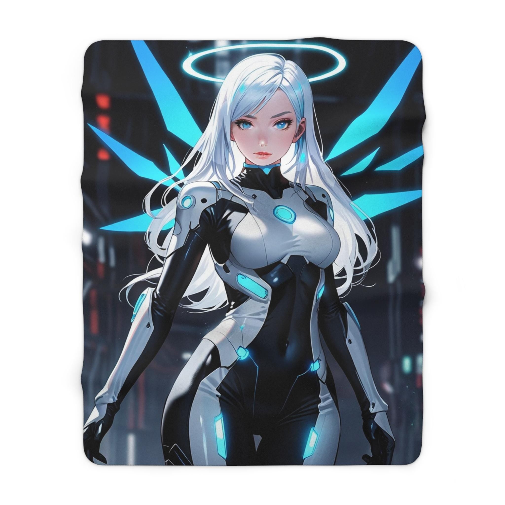 Cyber Angel Anime Blanket White Neon Wings Futuristic Techwear Girl Soft Sherpa Throw for Anime Lovers and Gamers