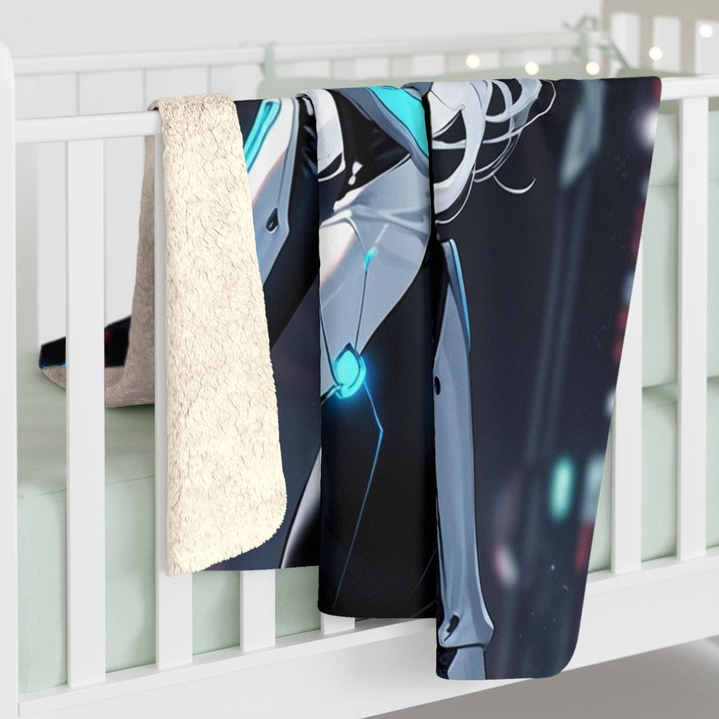 Cyber Angel Anime Blanket White Neon Wings Futuristic Techwear Girl Soft Sherpa Throw for Anime Lovers and Gamers