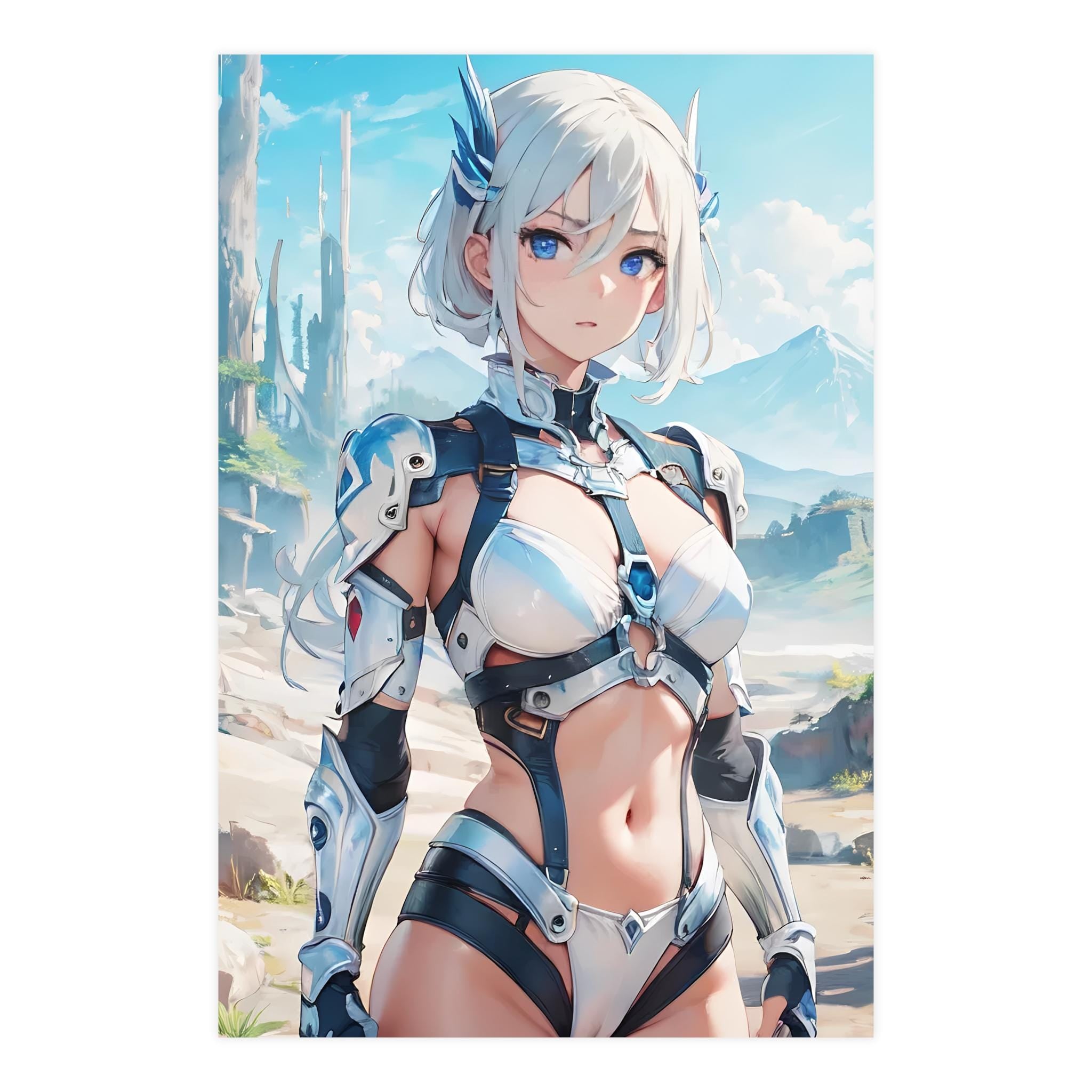 Anime Sci Fi Warrior Poster White Hair Girl Wall Art Futuristic Armor Blue Sky Landscape Gift for Anime Fans and Gamers