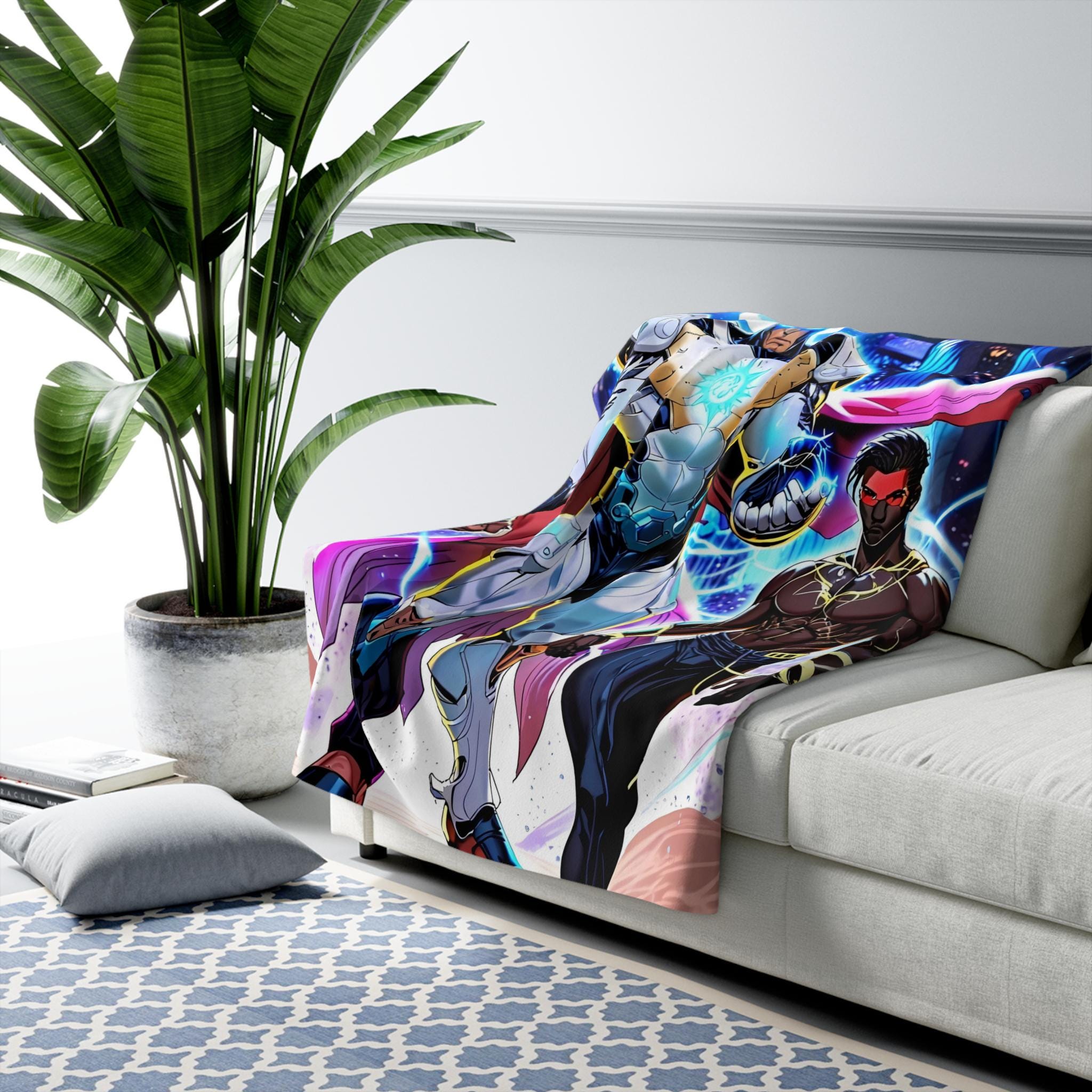 Superhero Couple Sherpa Blanket LGBTQ Anime Style Comic Heroes Cozy Fleece Gift Futuristic Glow Cape Armor Power Love Scene