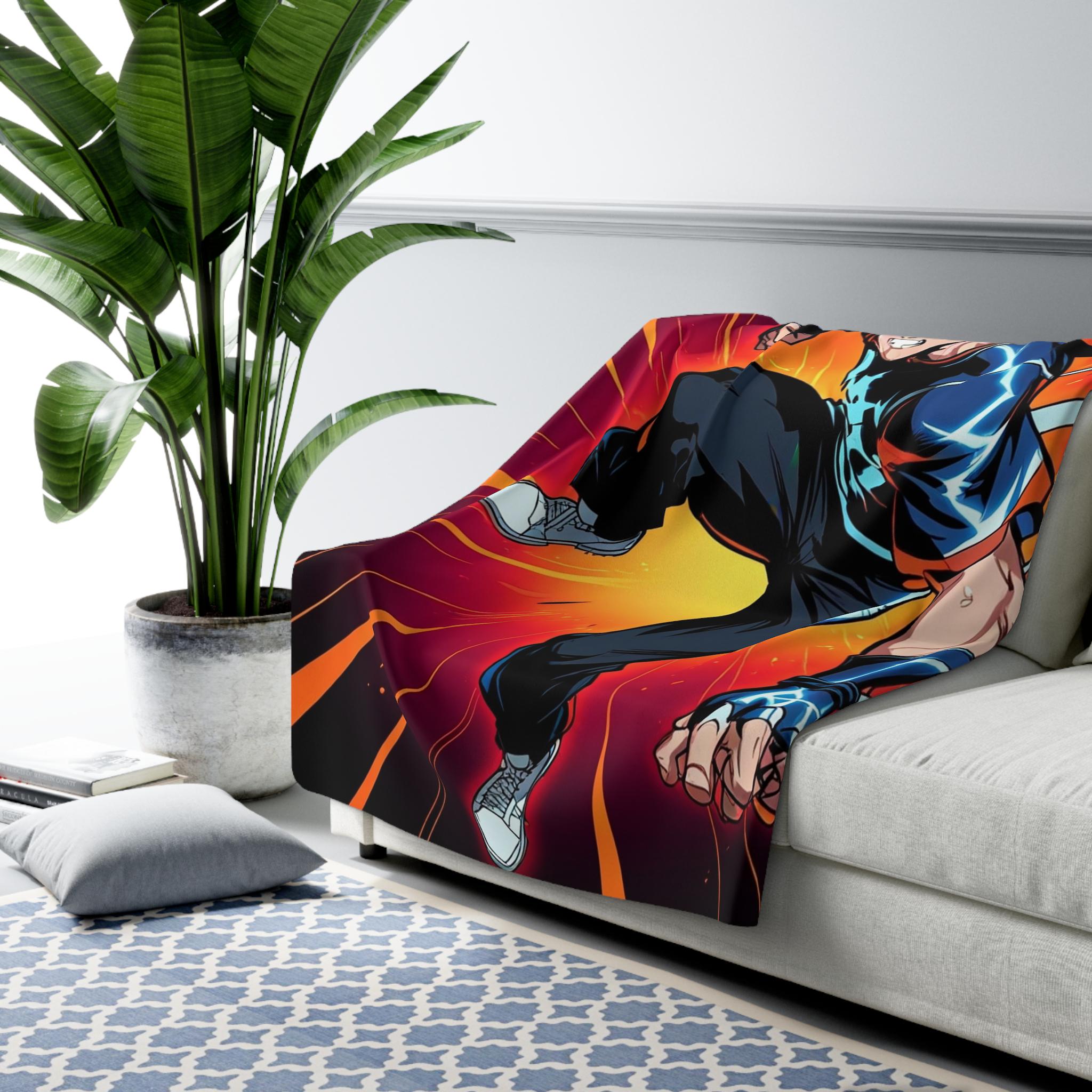 Lightning Kick Anime Sherpa Blanket Neon Glow Fighter Throw Electric Hero Fleece Gift for Gamers and Anime Fans