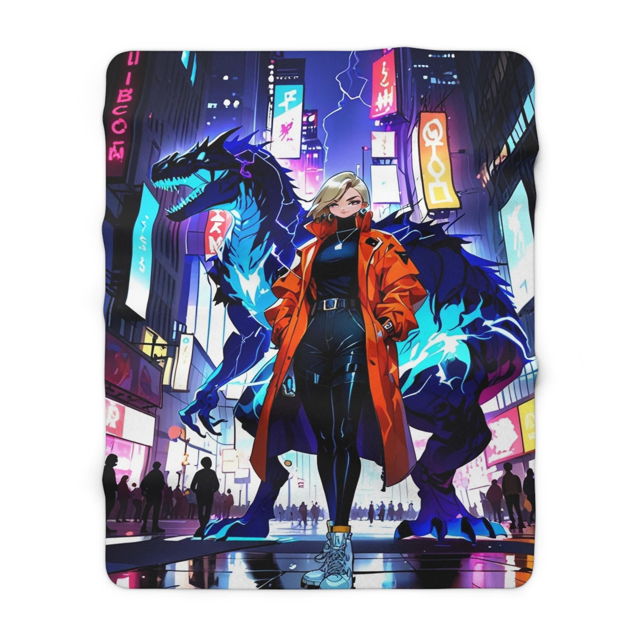 Blonde Cyberpunk Dragon Girl Sherpa Blanket Neon Lightning Streetwear Anime Throw for Gamers and Futuristic Fantasy Fans