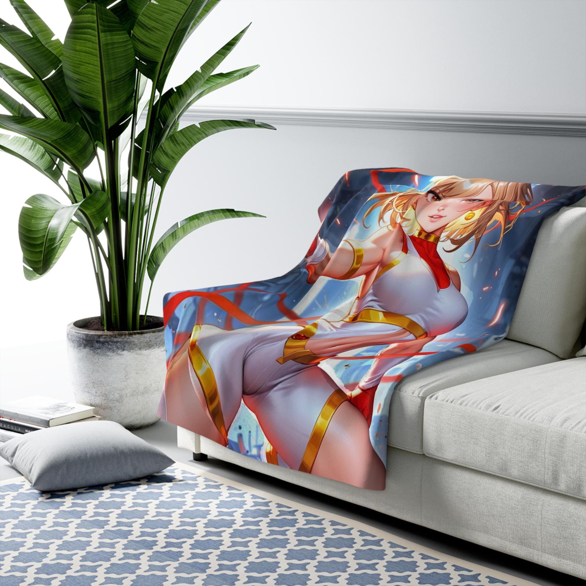 Anime Heroine Blanket Blonde Superhero Girl Throw White Gold Suit Sherpa Blanket Gift for Anime Fans and Collectors
