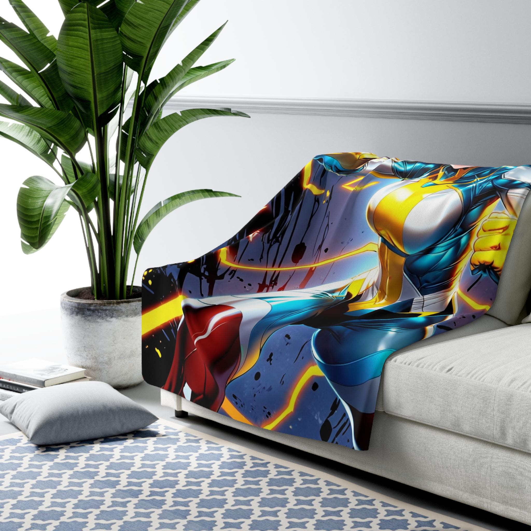 Electric Anime Girl Blanket Neon Glow Sherpa Throw Hero Decor Gift for Anime Fans and Gamers