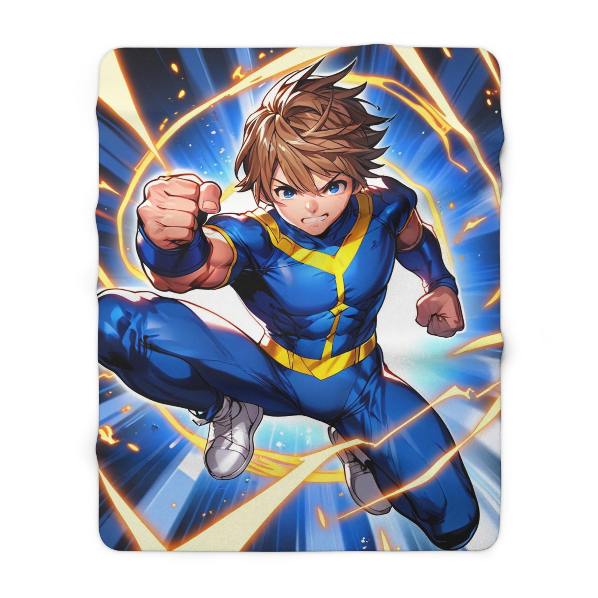 Anime Hero Sherpa Blanket Blue Suit Lightning Fist Punch Superpower Fleece Throw Gift for Anime Lovers and Gamers