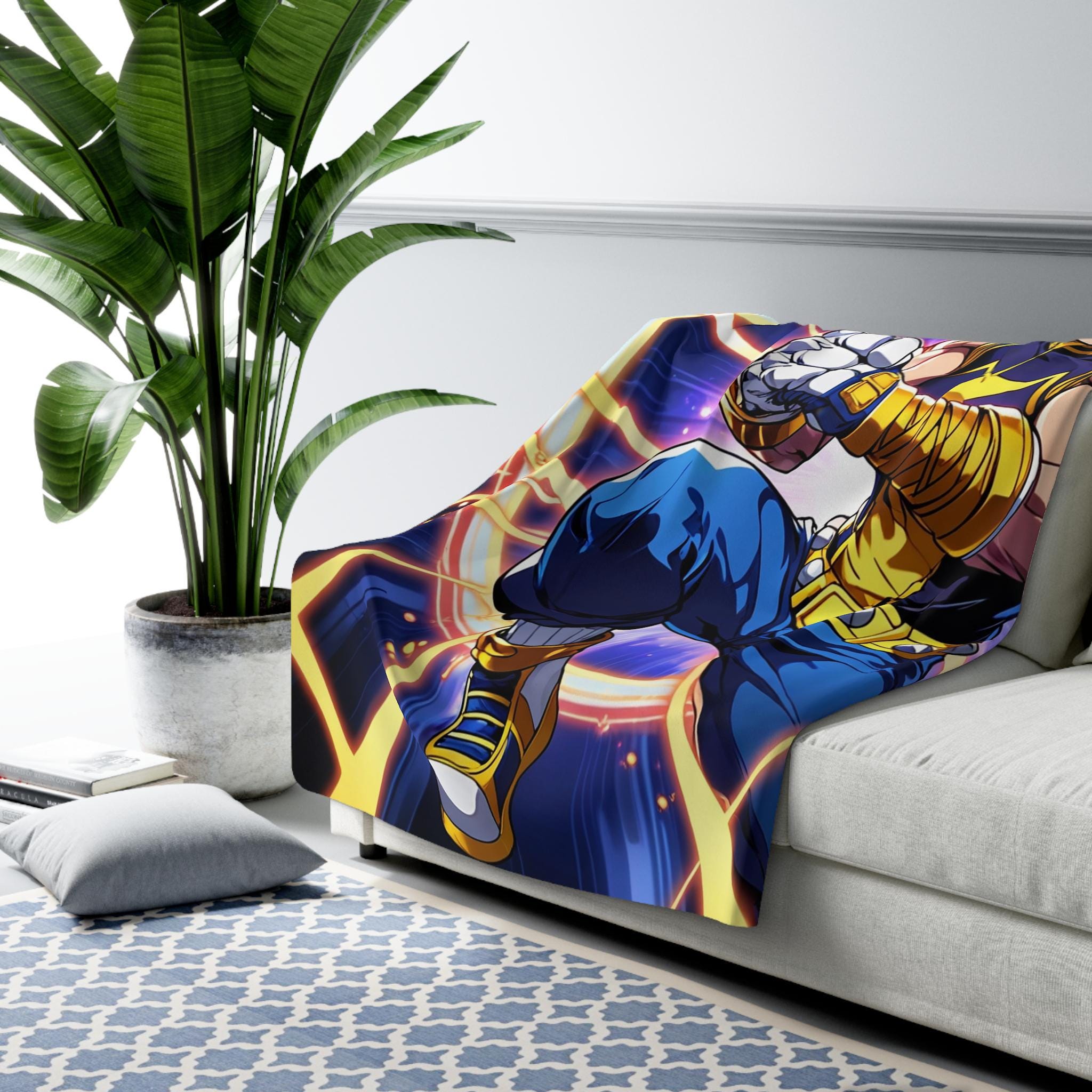 Anime Hero Sherpa Blanket Yellow Star Punch Muscular Fighter Fleece Throw Gift for Anime Lovers and Gamers