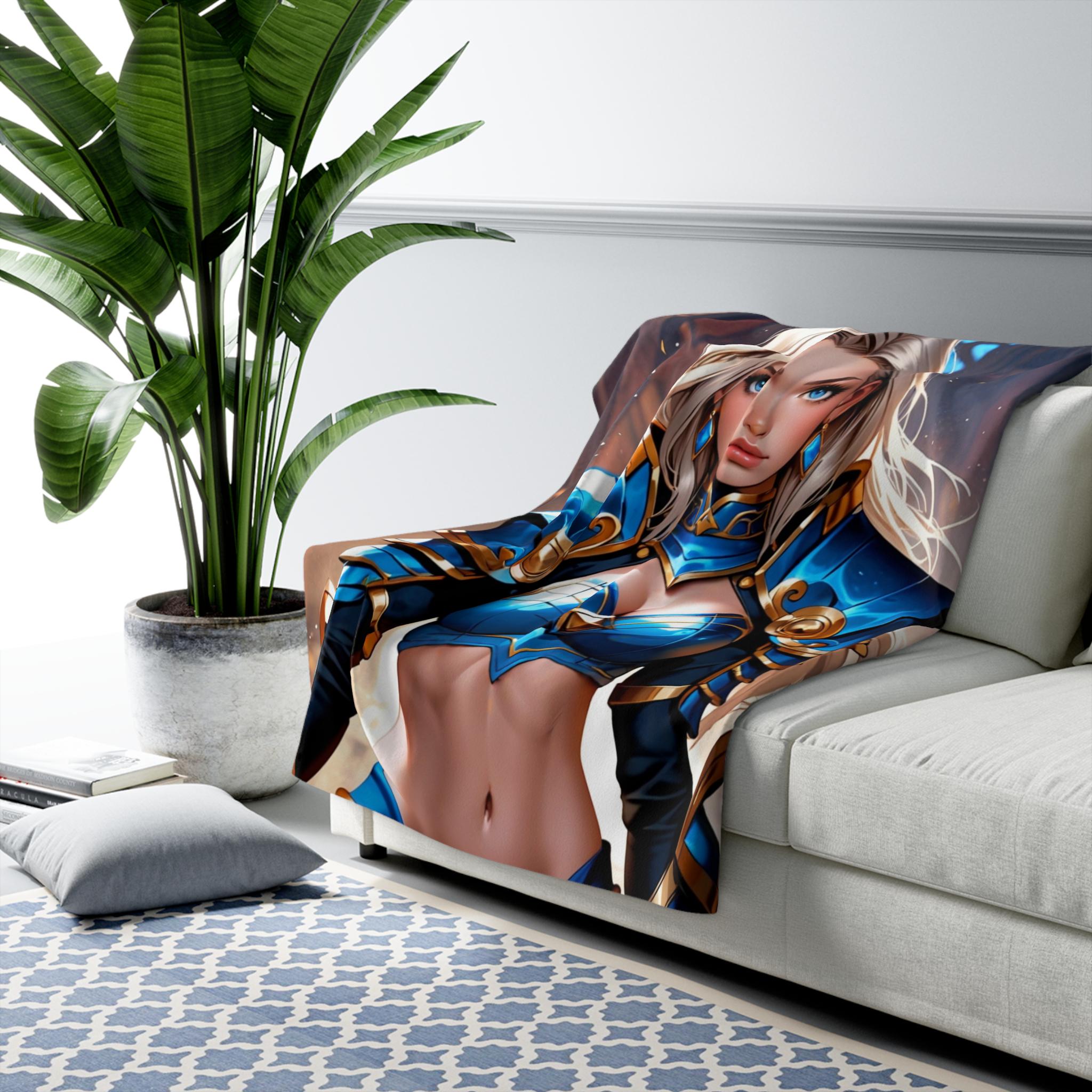 Blue Anime Warrior Sherpa Blanket Strong Fantasy Girl Throw Armor Magic Gift for Anime Fans and Gamers