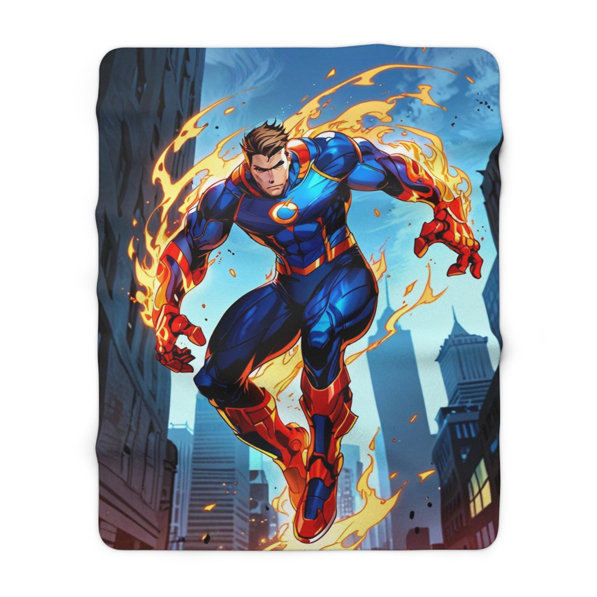 Anime Superhero Sherpa Blanket Fire Glow Hero Comic Style Cozy Gamer Gift for Him Husband Son | Epic Anime Apparel
