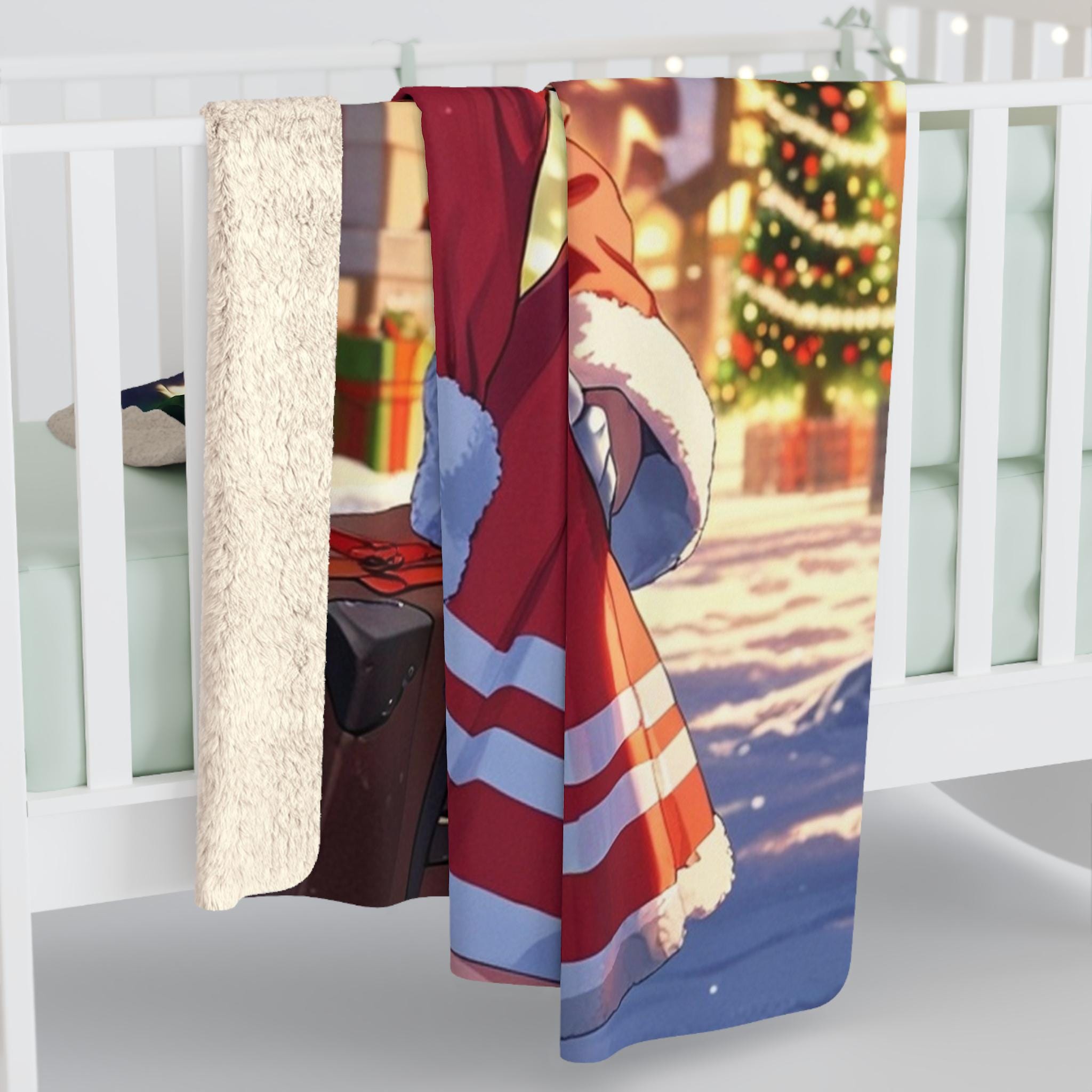 Anime Christmas Girl Sherpa Blanket Kawaii Santa Throw Blanket Cute Holiday Decor Cozy Winter Gift for Anime Lovers and Gamers