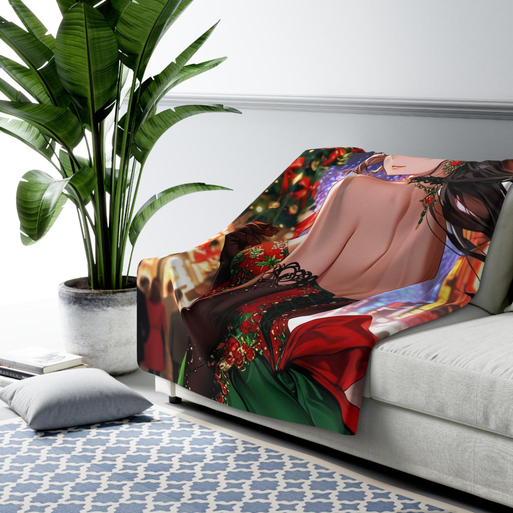 Christmas Anime Girl Blanket Holiday Dress Sherpa Throw with Tree and Fireworks Cozy Otaku Gift