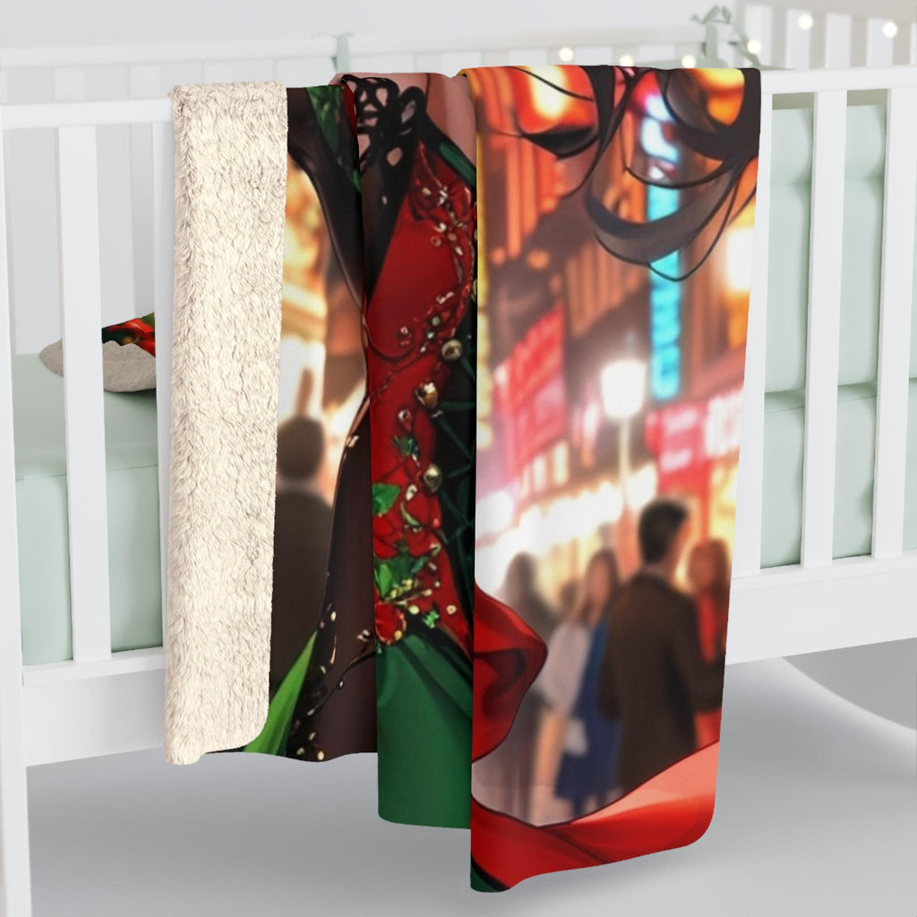 Christmas Anime Girl Blanket Holiday Dress Sherpa Throw with Tree and Fireworks Cozy Otaku Gift