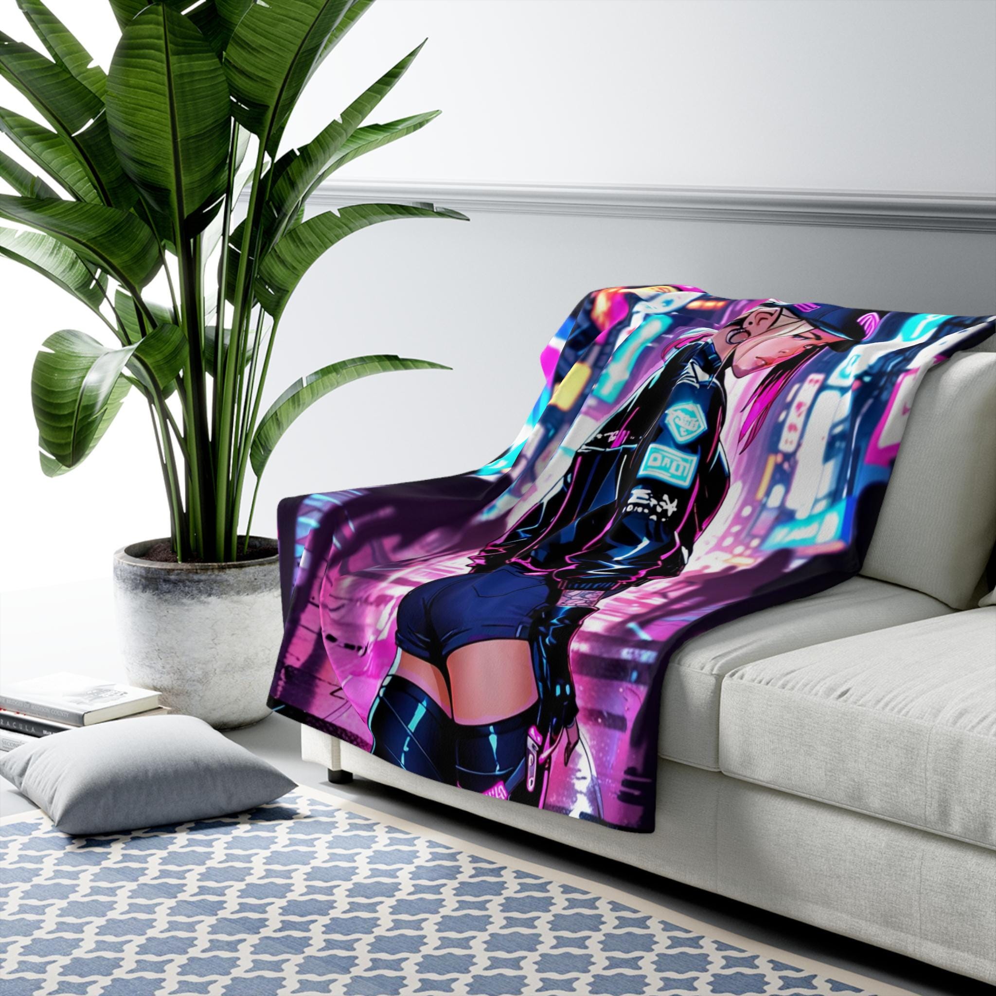 Cyberpunk Anime Girl Blanket Neon City Sherpa Throw Futuristic Street Style Gift for Gamers and Otaku Fans