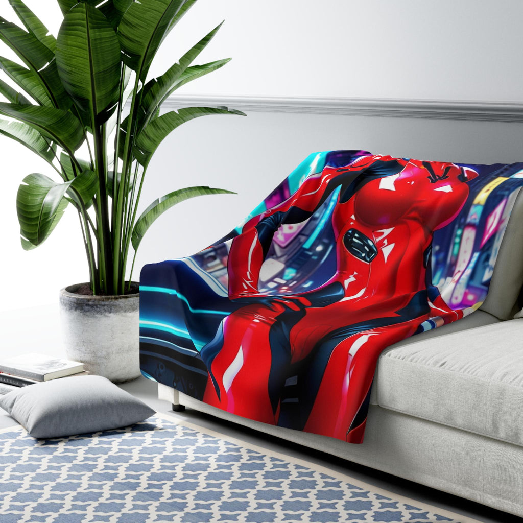 Anime Girl Red Cyber Suit Blanket Futuristic Sherpa Throw Neon Techwear Gift for Gamers and Otaku Collectors
