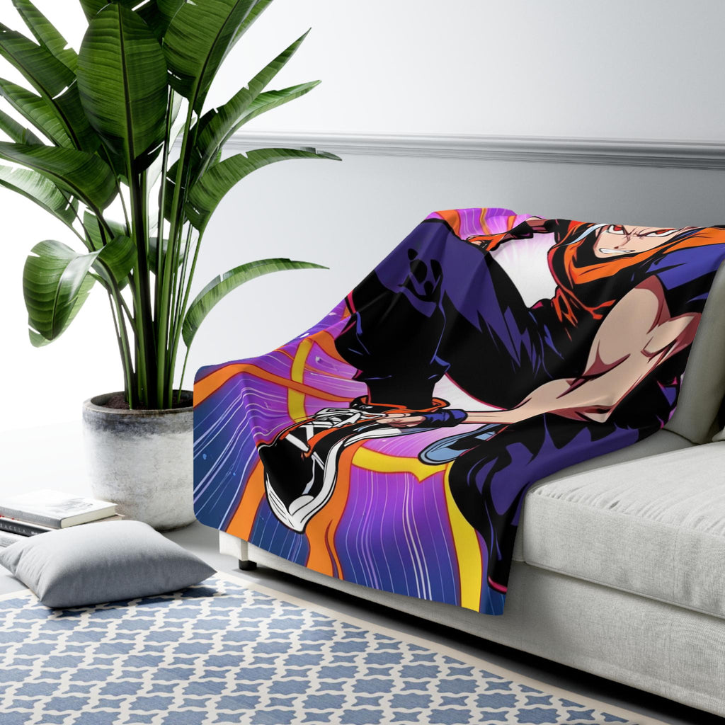 Anime Action Blanket White Haired Hero Sherpa Throw Power Surge Neon Purple and Orange Gamer Gift for Shonen Fans