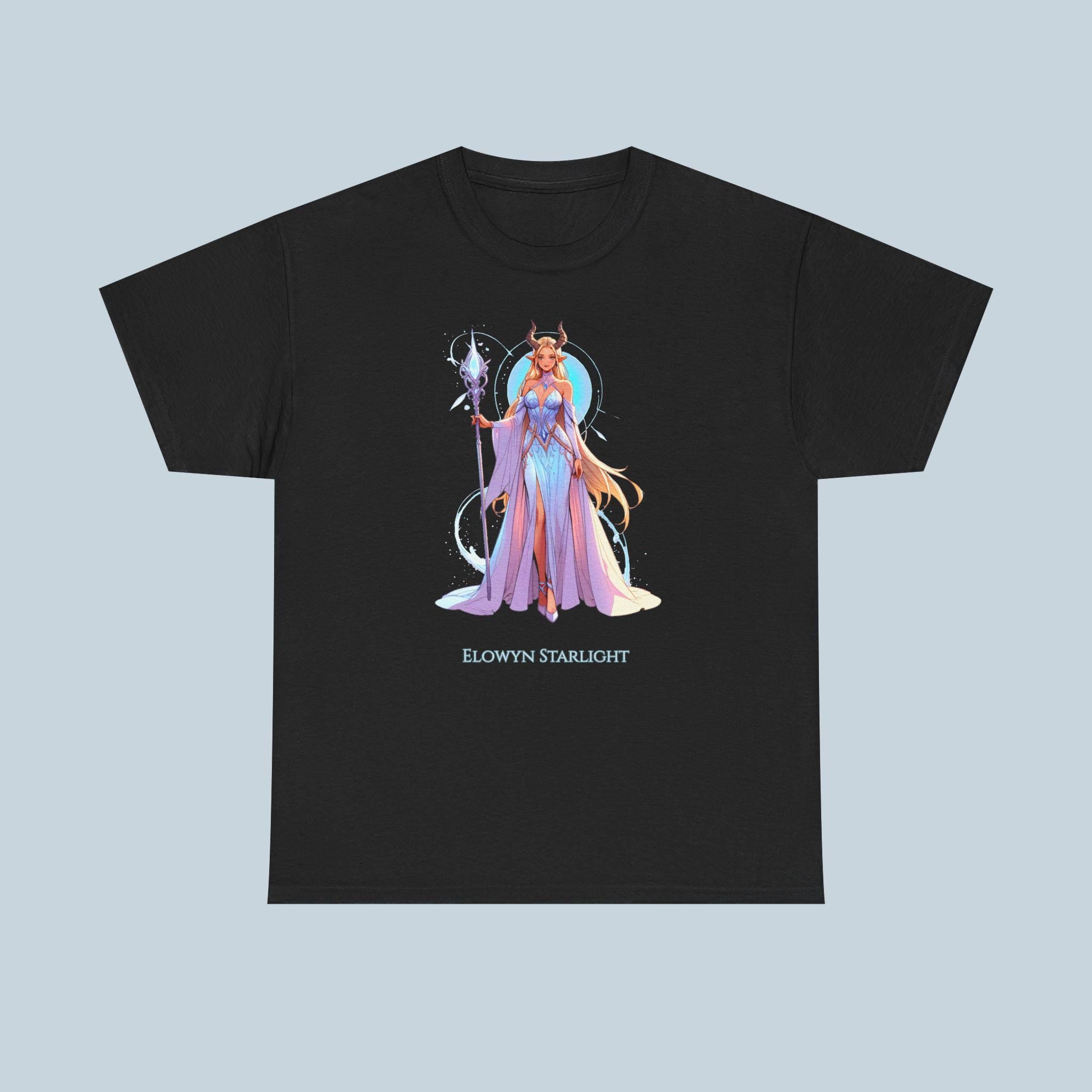 Elowyn Starlight Anime T-Shirt Magical Fantasy Girl Tee Neon Glow Gift for Gamers Anime Fans and Collectors Purple or Black Shirt