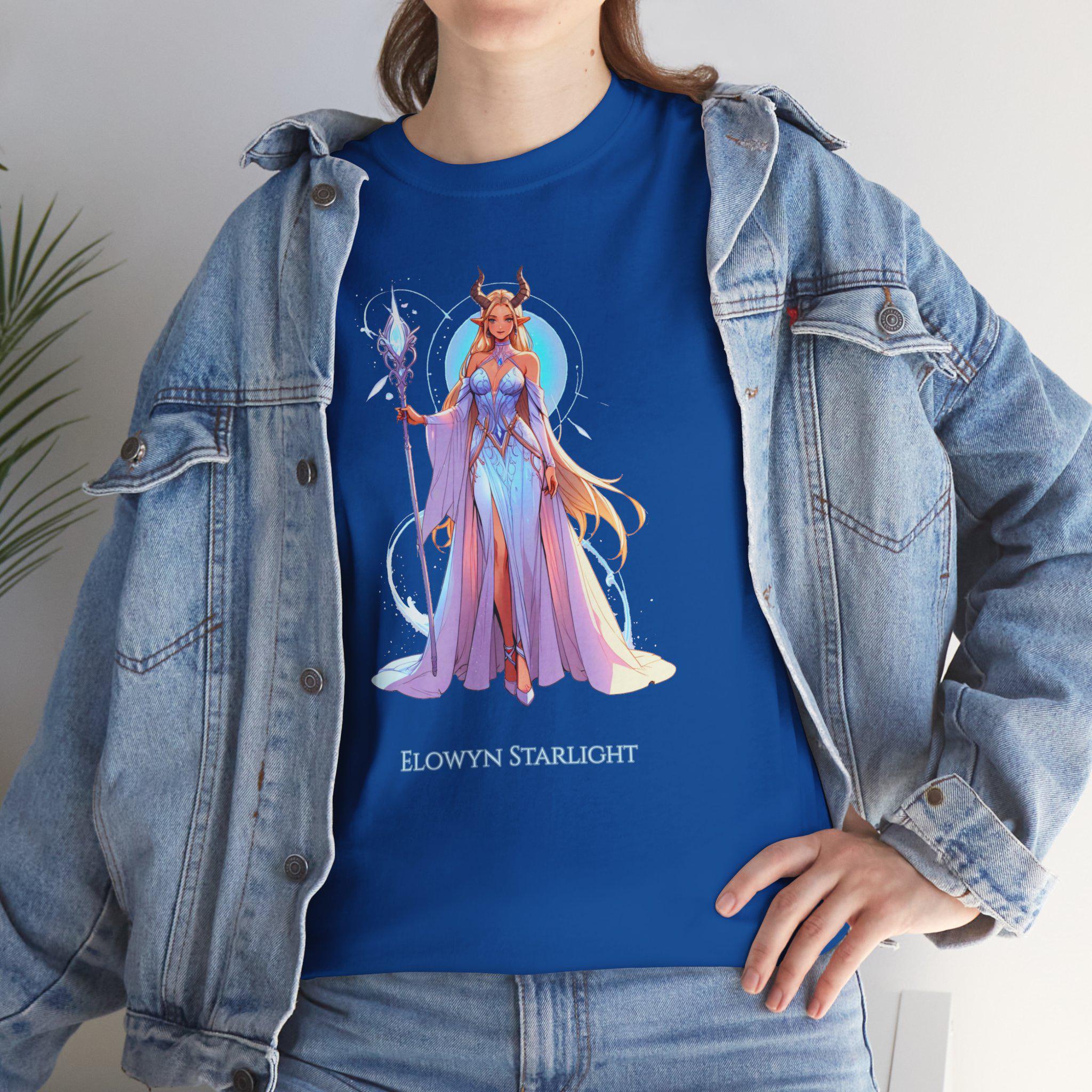 Elowyn Starlight Anime T-Shirt Magical Fantasy Girl Tee Neon Glow Gift for Gamers Anime Fans and Collectors Purple or Black Shirt