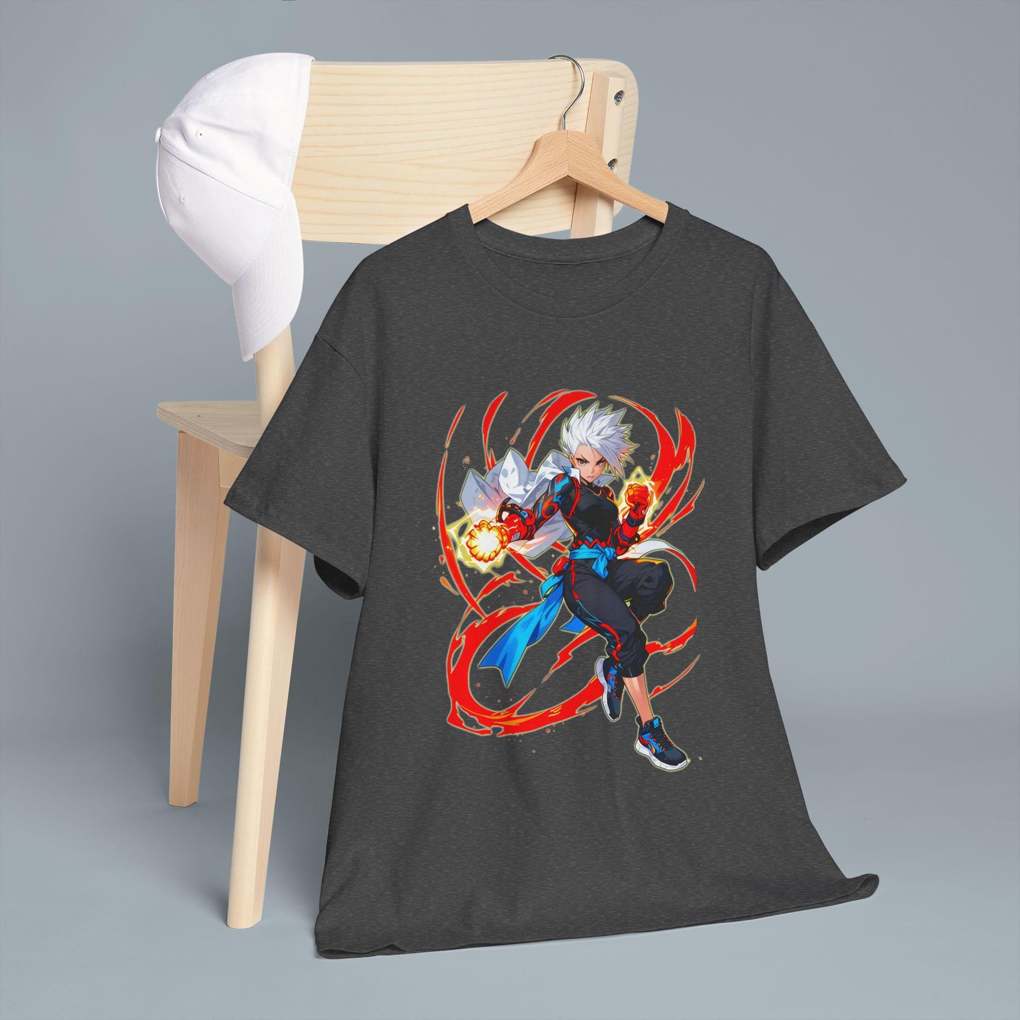 Fire Anime Fighter T-Shirt Neon Glow Power Pose Streetwear Gift for Anime Fans and Gamers