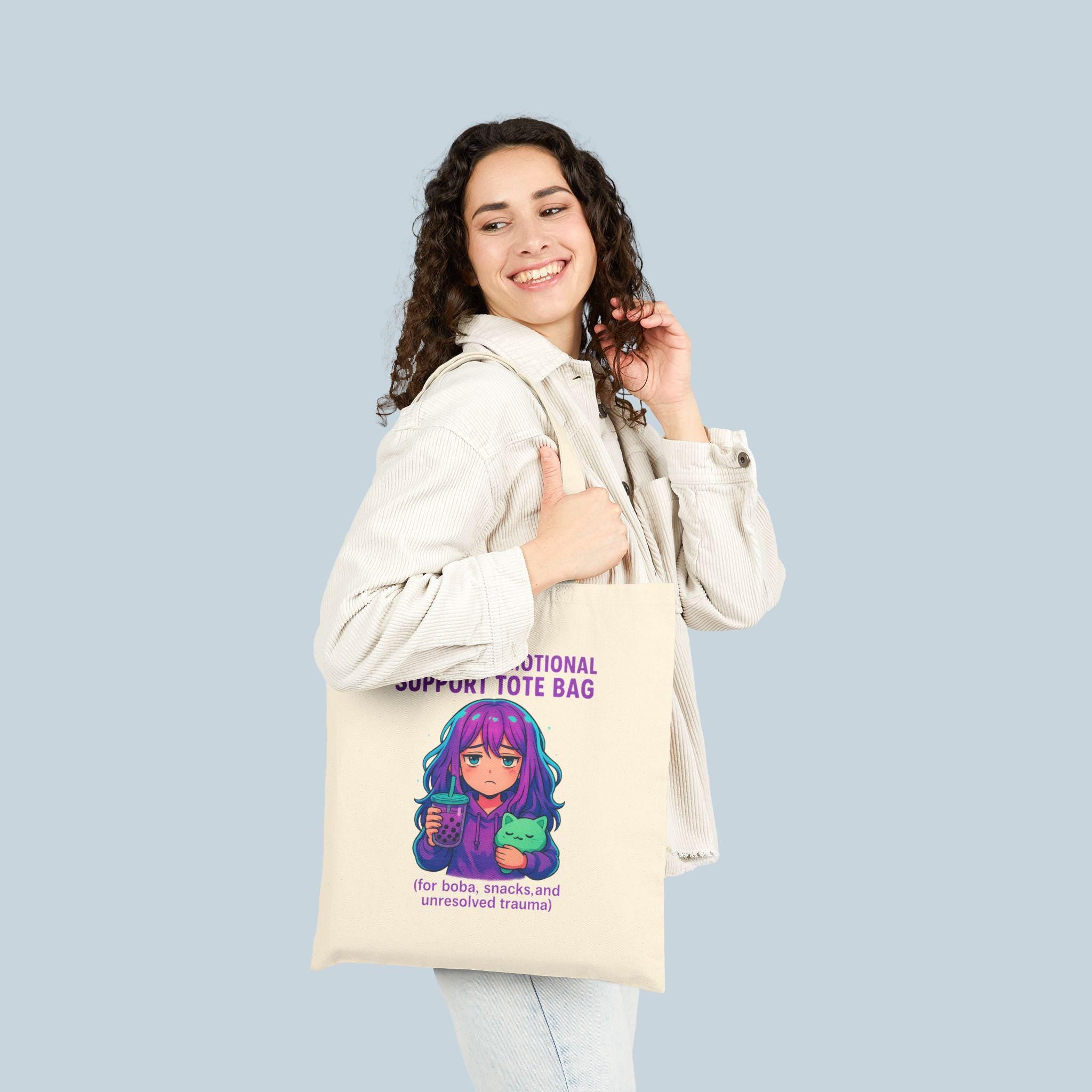 Sad Anime Girl Tote Bag Aesthetic Japanese Art Style Emotional Support Boba Gift Cute Kawaii Streetwear Accessory