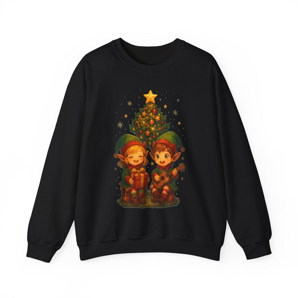 Anime Christmas Tree Sweatshirt Cute Elf Duo Cozy Holiday Gift Winter Apparel for Anime Fans and Gamers