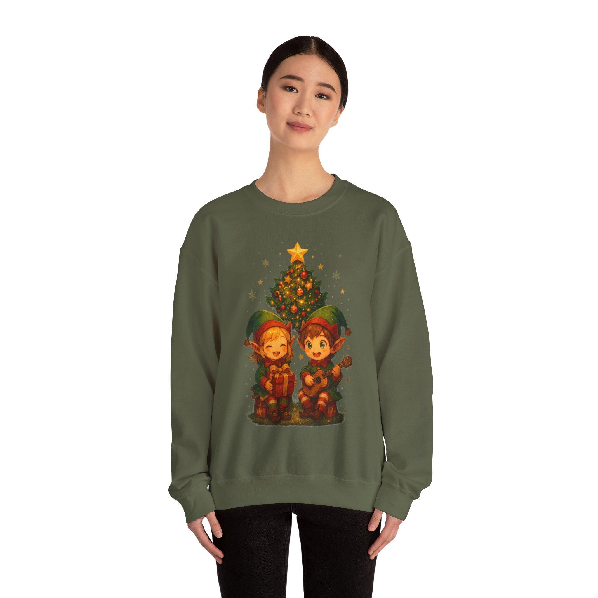 Anime Christmas Tree Sweatshirt Cute Elf Duo Cozy Holiday Gift Winter Apparel for Anime Fans and Gamers