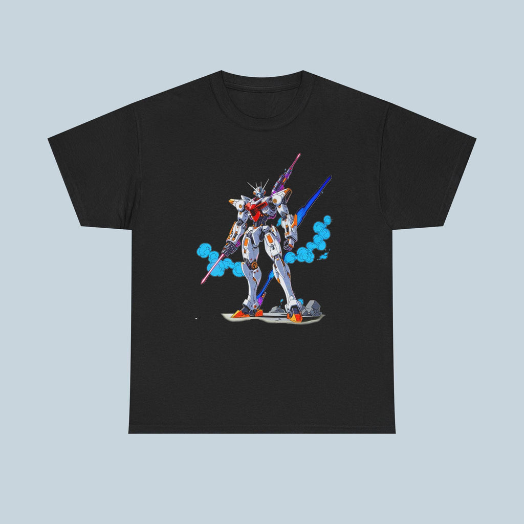 Black t-shirt with a robot graphic on a light blue background