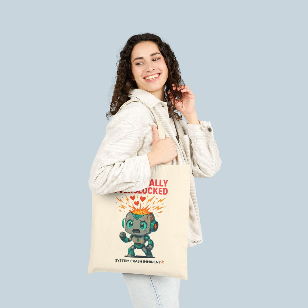 Emotionally Overclocked Tote Bag | Funny Robot Overload Canvas Tote | Cute Nerdy Gift for Gamers, Coders, Engineers, and Anime Fans