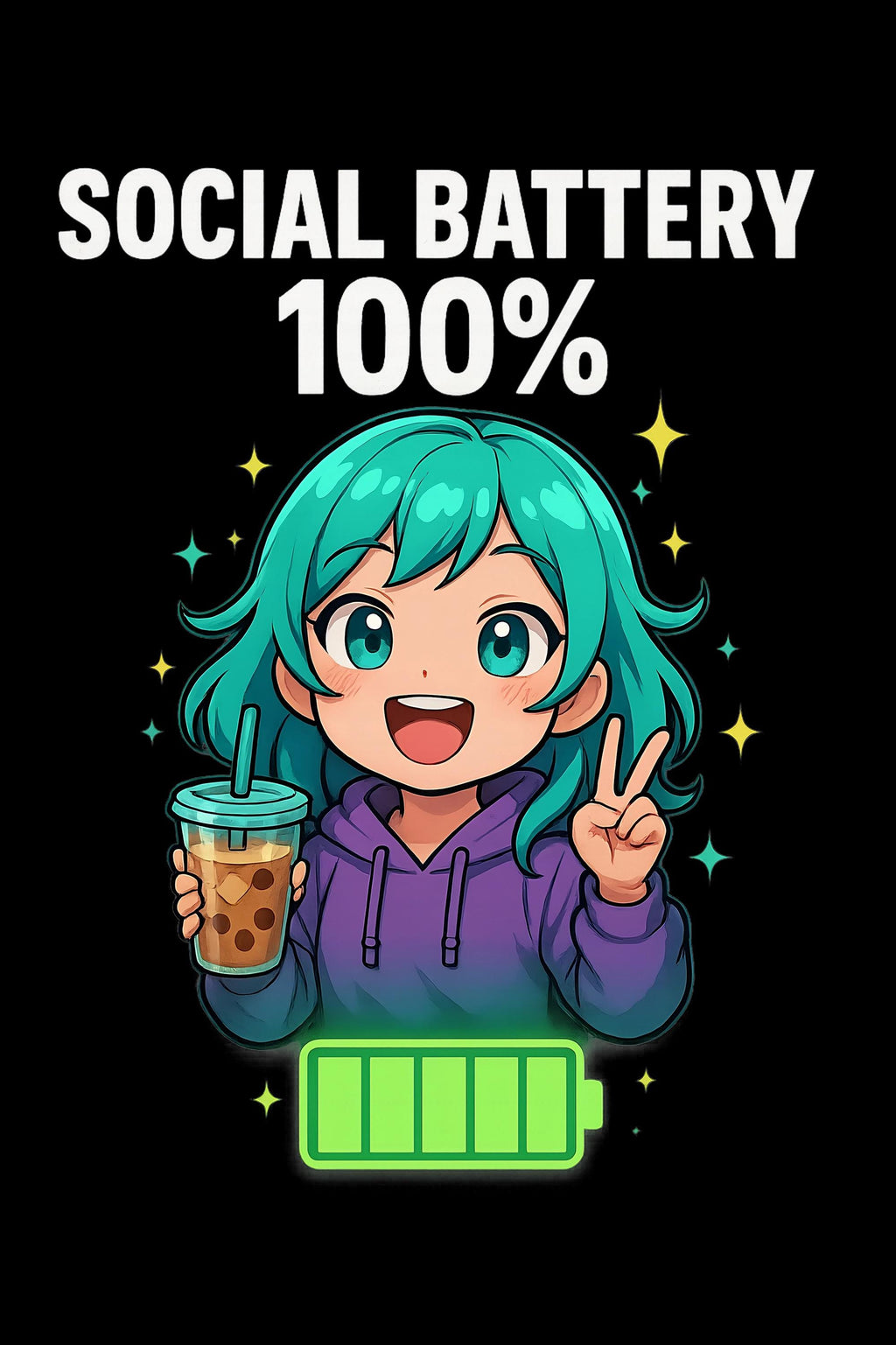 Social Battery 100% Tote Bag | Cute Anime Girl with Boba, Recharge Graphic