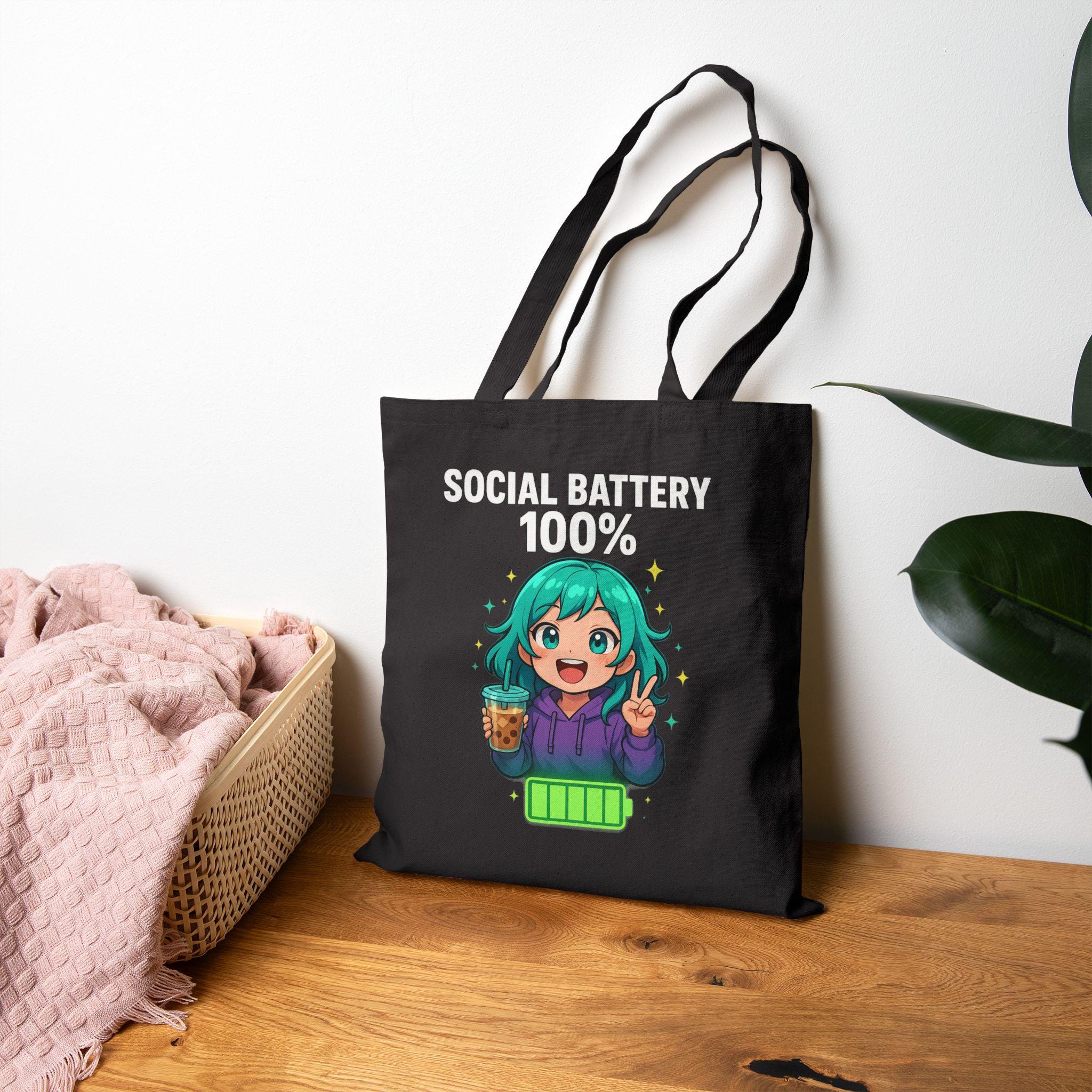 Social Battery 100% Tote Bag | Cute Anime Girl with Boba, Recharge Graphic