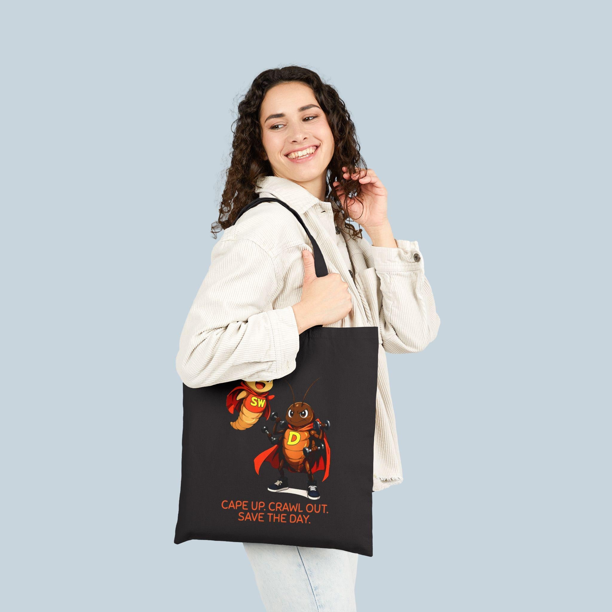 SuperWorm and D-Roach Tote Bag | Funny Eco Hero Reusable Canvas Bag | Cute Cartoon Superhero Insect Gift for Kids and Garden Lovers
