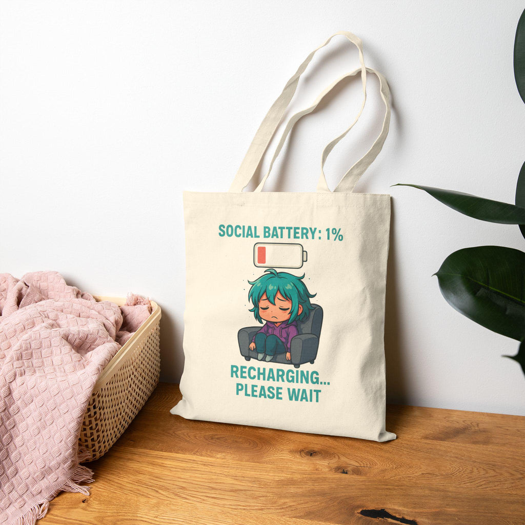 Social Battery 1% Tote Bag | Funny Introvert Anime Girl Canvas Tote | Recharging Please Wait Bag Gift for Gamers, Students, Coffee Lovers