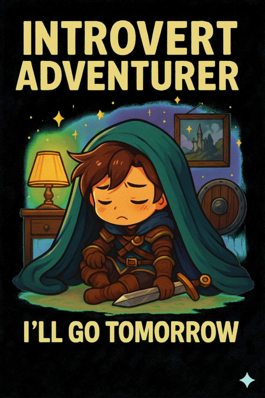 Introvert Adventurer Shirt Funny RPG Gift for Gamers DnD Fans Cozy Fantasy Tee I'll Go Tomorrow Chibi Knight Sleepy Humor Shirt