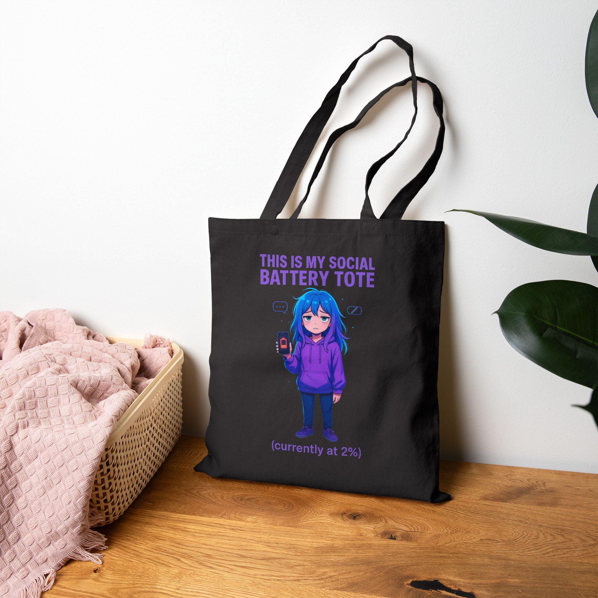 Social Battery Tote Bag Funny Anime Girl Introvert Gift for Shy People and Low Energy Days