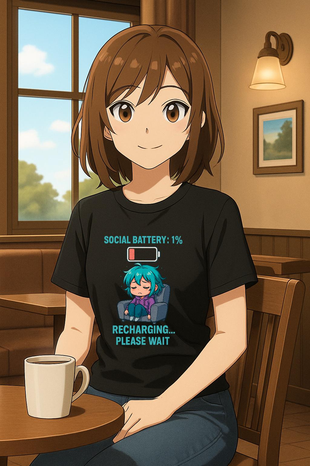 Anime Social Battery Shirt Funny Introvert T-Shirt Black Graphic Tee Gift for Gamers Otakus and Quiet People