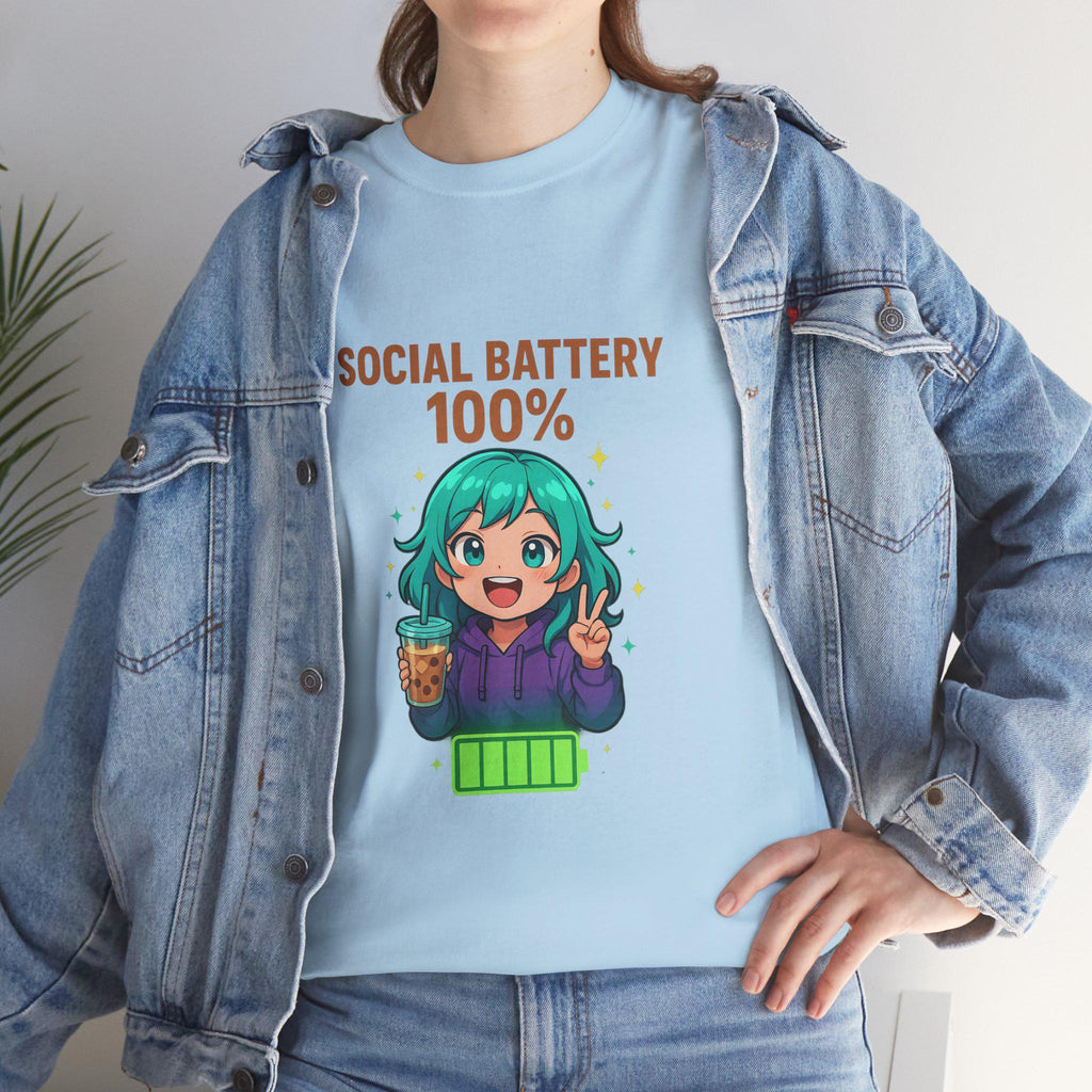 Social Battery 100% Anime Shirt Kawaii Boba Tea T-Shirt Cute Funny Gift for Anime Lovers and Introverts