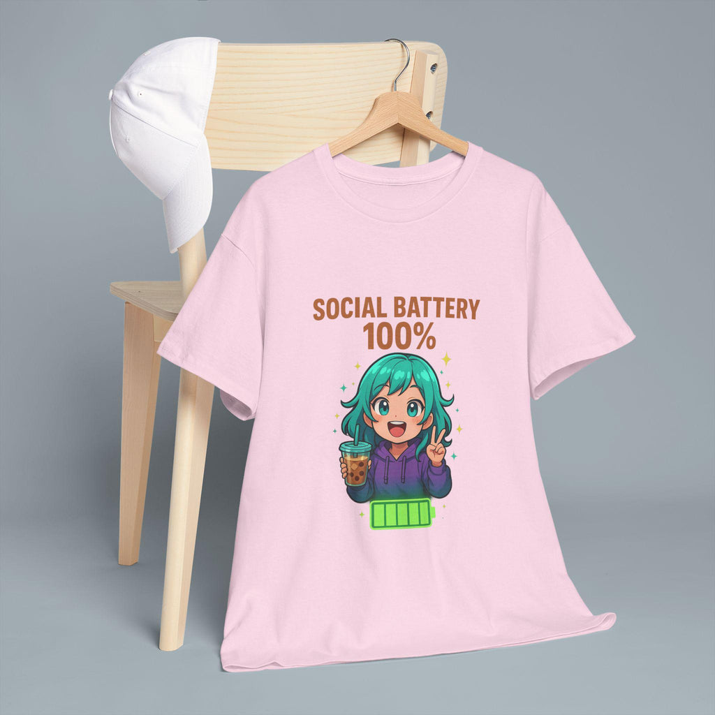 Social Battery 100% Anime Shirt Kawaii Boba Tea T-Shirt Cute Funny Gift for Anime Lovers and Introverts