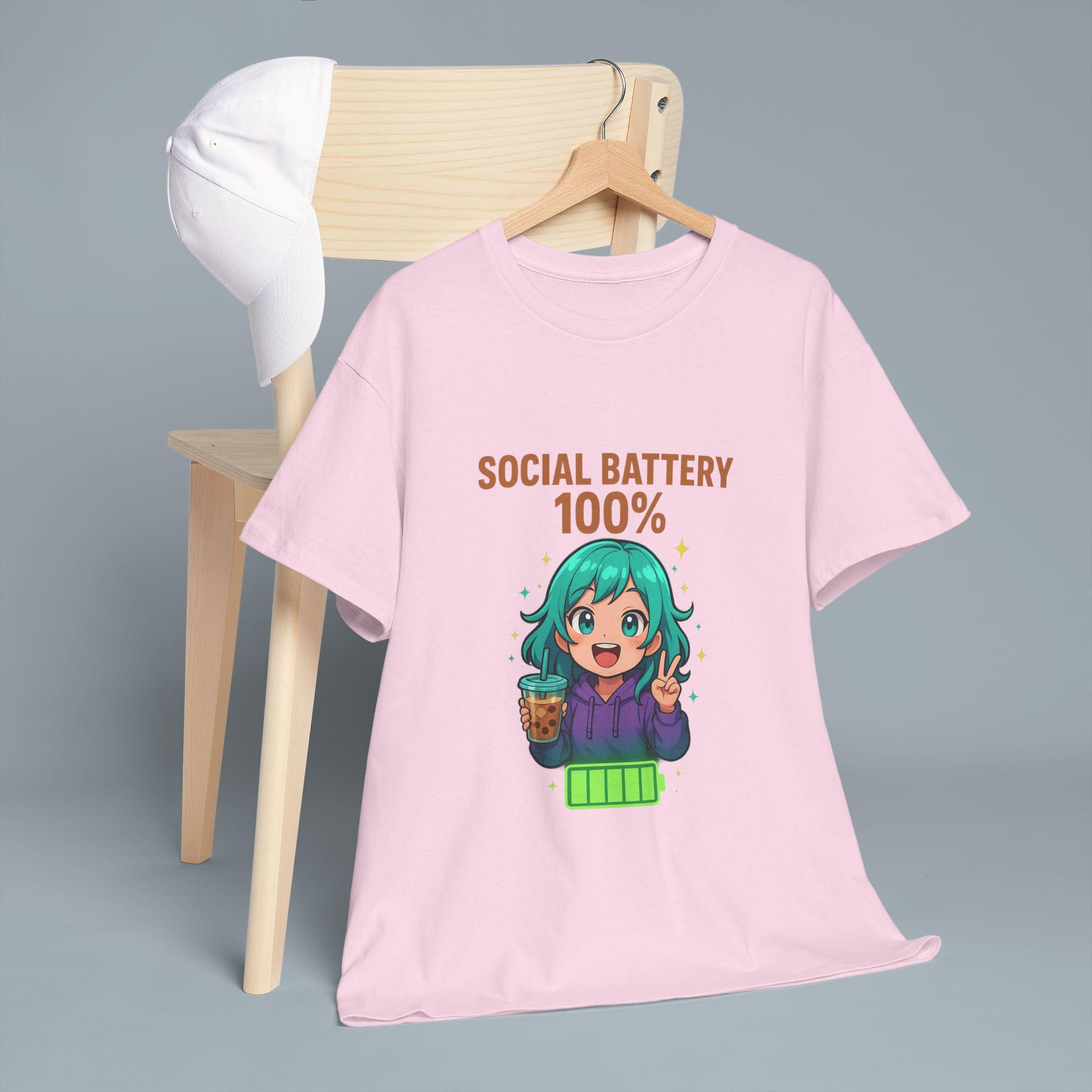Social Battery 100% Anime Shirt Kawaii Boba Tea T-Shirt Cute Funny Gift for Anime Lovers and Introverts