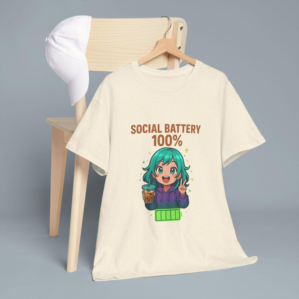 Social Battery 100% Anime Shirt Kawaii Boba Tea T-Shirt Cute Funny Gift for Anime Lovers and Introverts