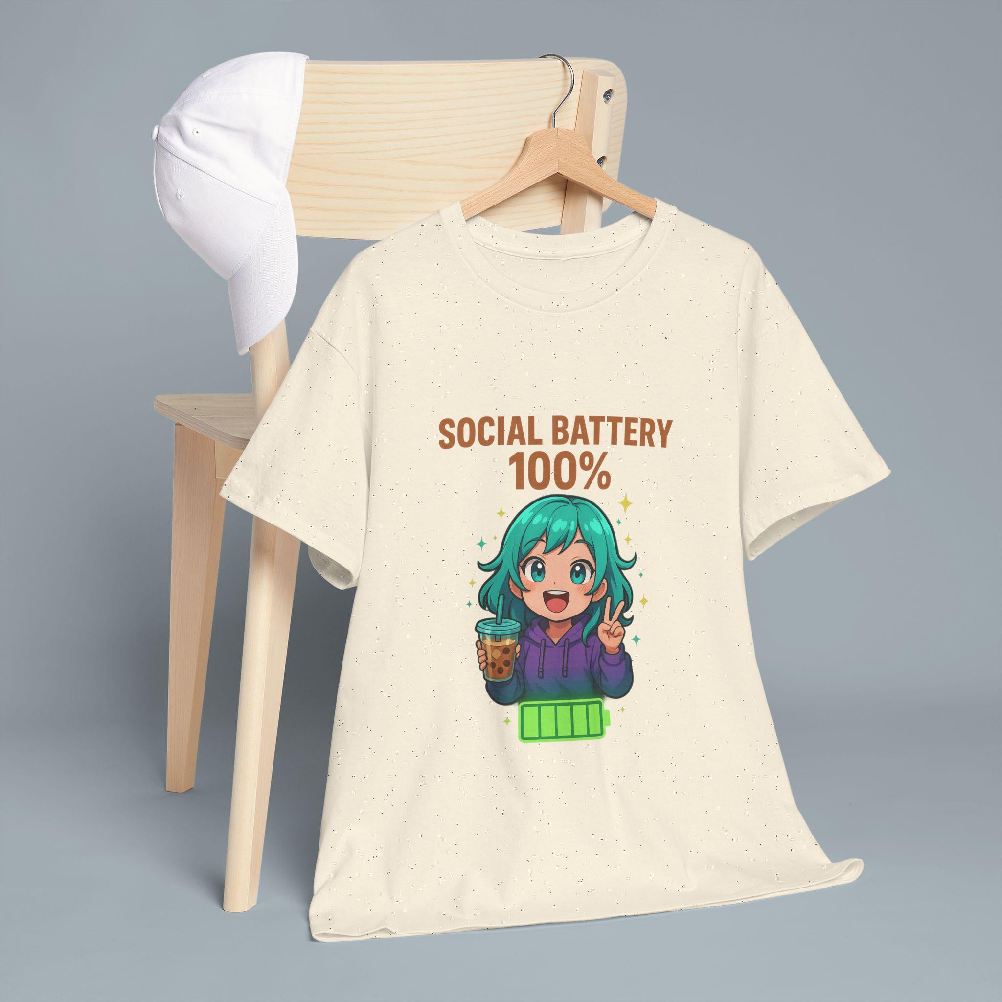 Social Battery 100% Anime Shirt Kawaii Boba Tea T-Shirt Cute Funny Gift for Anime Lovers and Introverts