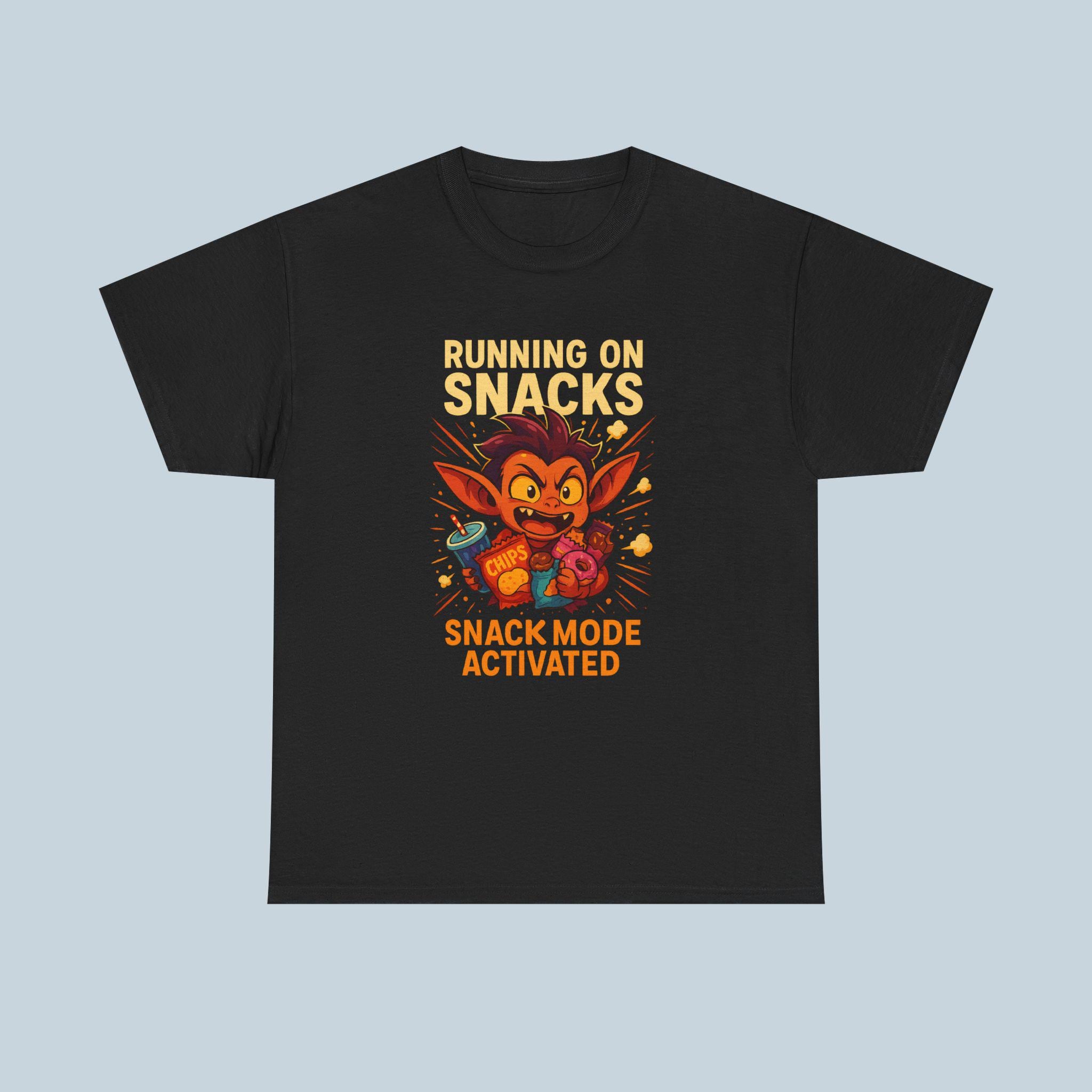 Funny Snack Mode T Shirt for Gamers and Food Lovers, Running on Snacks Graphic Tee, Snack Attack Shirt for Men Women Kids
