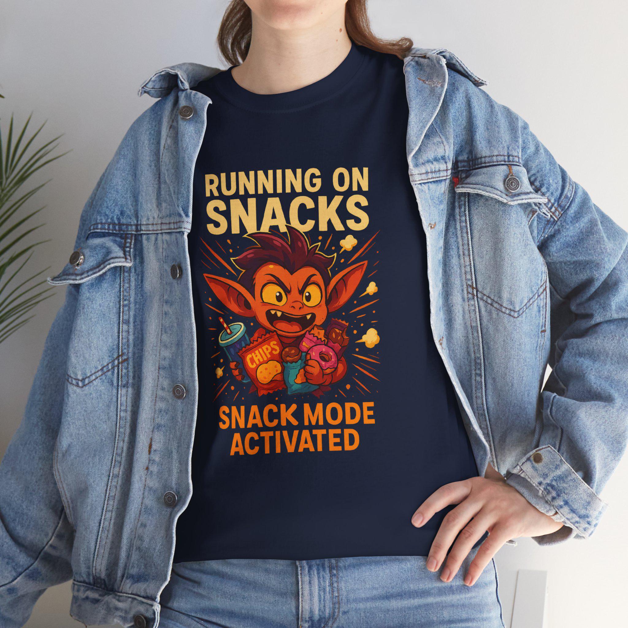 Funny Snack Mode T Shirt for Gamers and Food Lovers, Running on Snacks Graphic Tee, Snack Attack Shirt for Men Women Kids