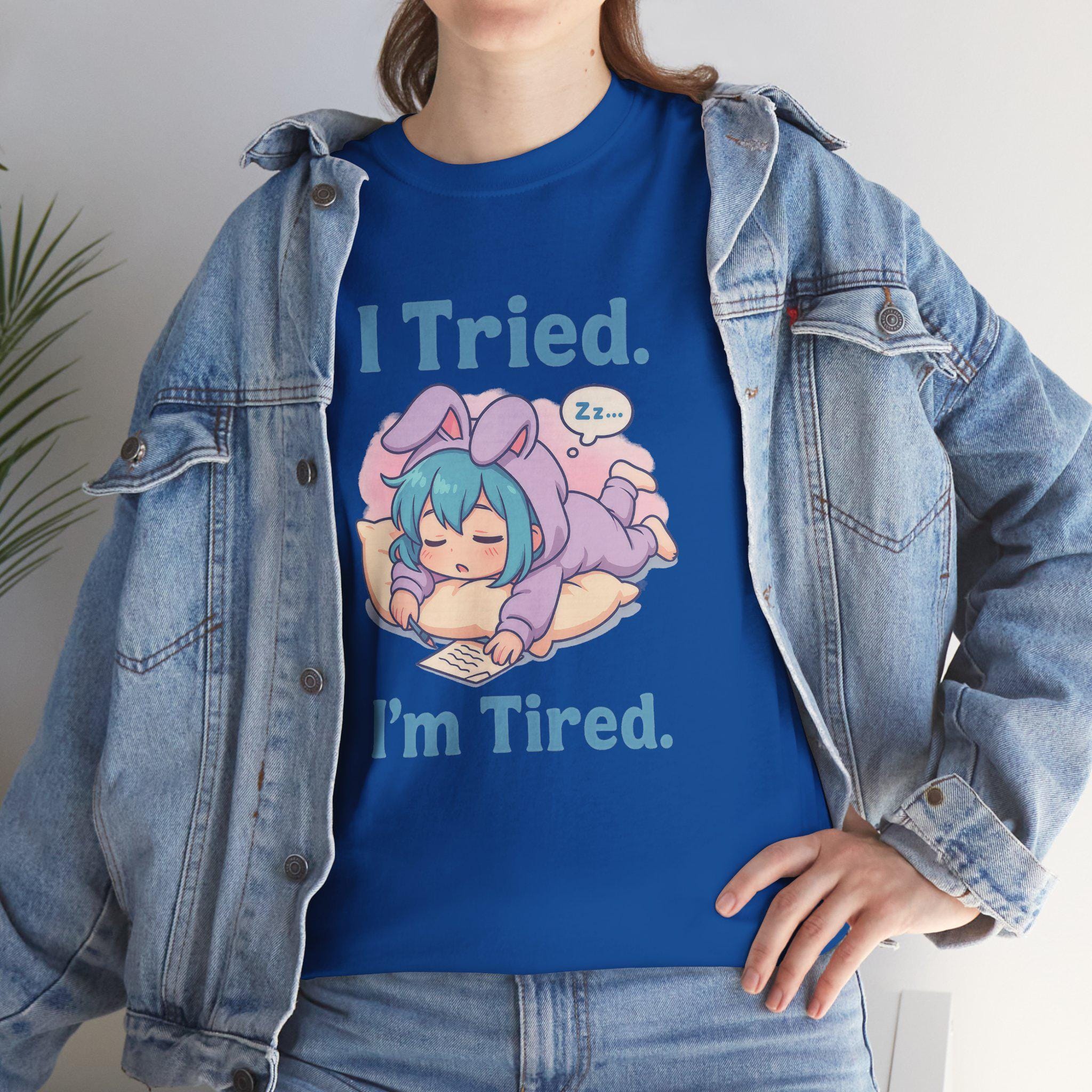 I Tried I'm Tired Anime Shirt, Cute Sleepy Anime Girl Tee for Student, Gamers & Introvert, Funny Pastel Kawaii T-Shirt Gift for Tired People