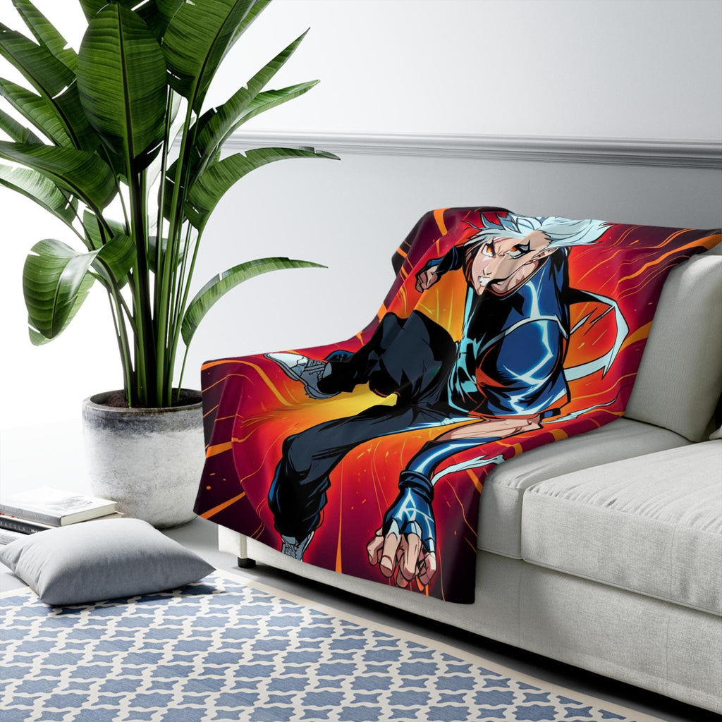 Anime Lightning Hero Sherpa Blanket Neon Glow Superpower Character Design Cozy Gift for Anime Fans and Gamers