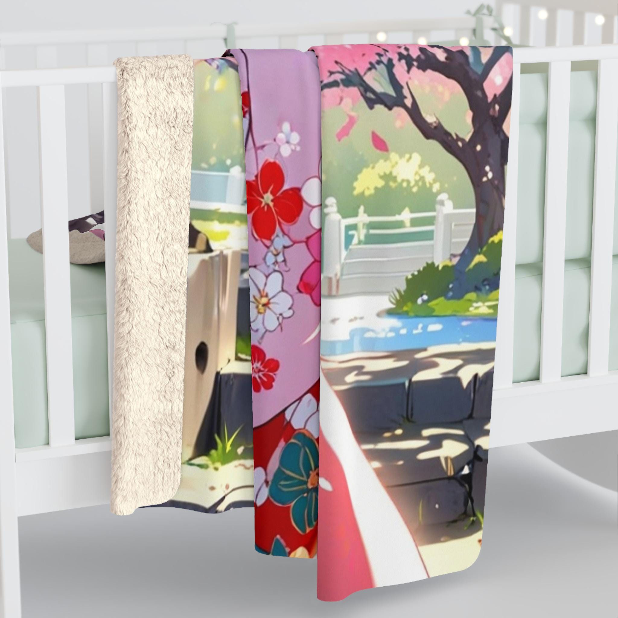 Cherry Blossom Kimono Girl Sherpa Blanket Anime Cozy Gift for Japan Lovers and Dreamers