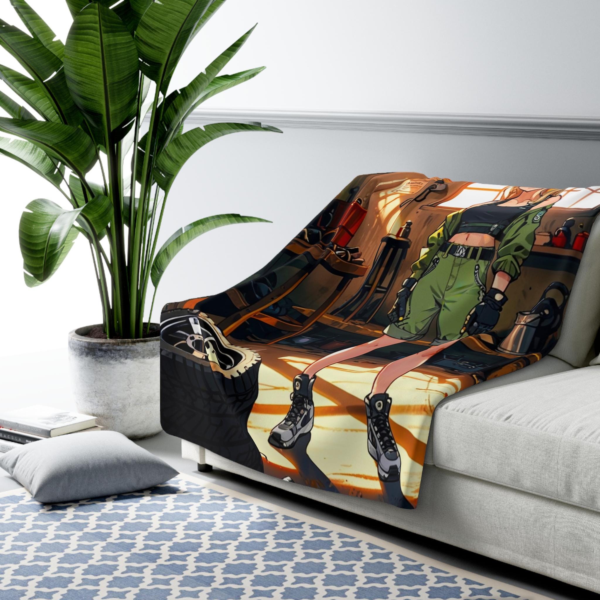 Anime Mechanic Girl Sherpa Blanket Cozy Garage Scene Gift for Anime Fans and Gamers