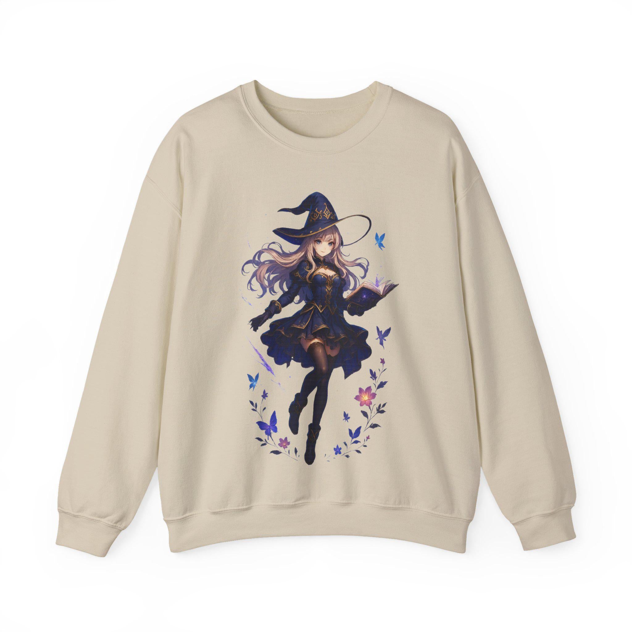 Anime Witch Girl Sweatshirt Purple Magic Butterfly Design Cozy Kawaii Fall Witchcore Gift for Anime Lovers and Gamers