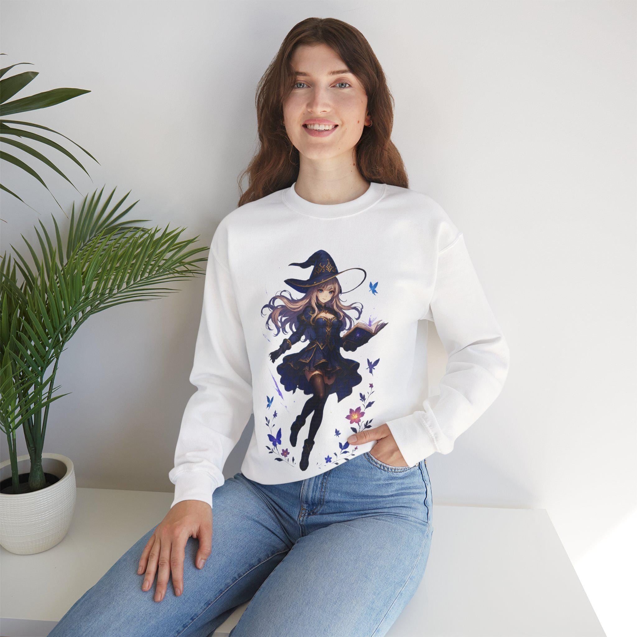 Anime Witch Girl Sweatshirt Purple Magic Butterfly Design Cozy Kawaii Fall Witchcore Gift for Anime Lovers and Gamers