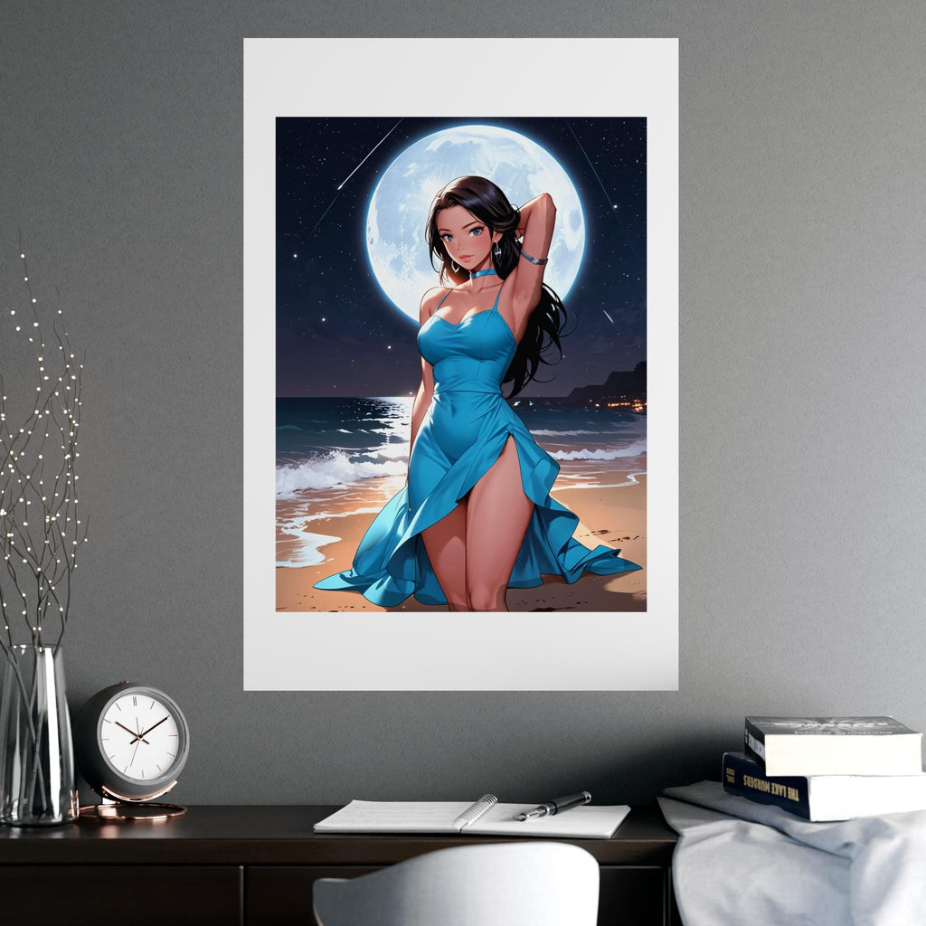 Anime Girl Poster Moonlight Ocean Scene Blue Dress Aesthetic Romantic Night Beach Wall Art Gift for Anime Lovers and Fans