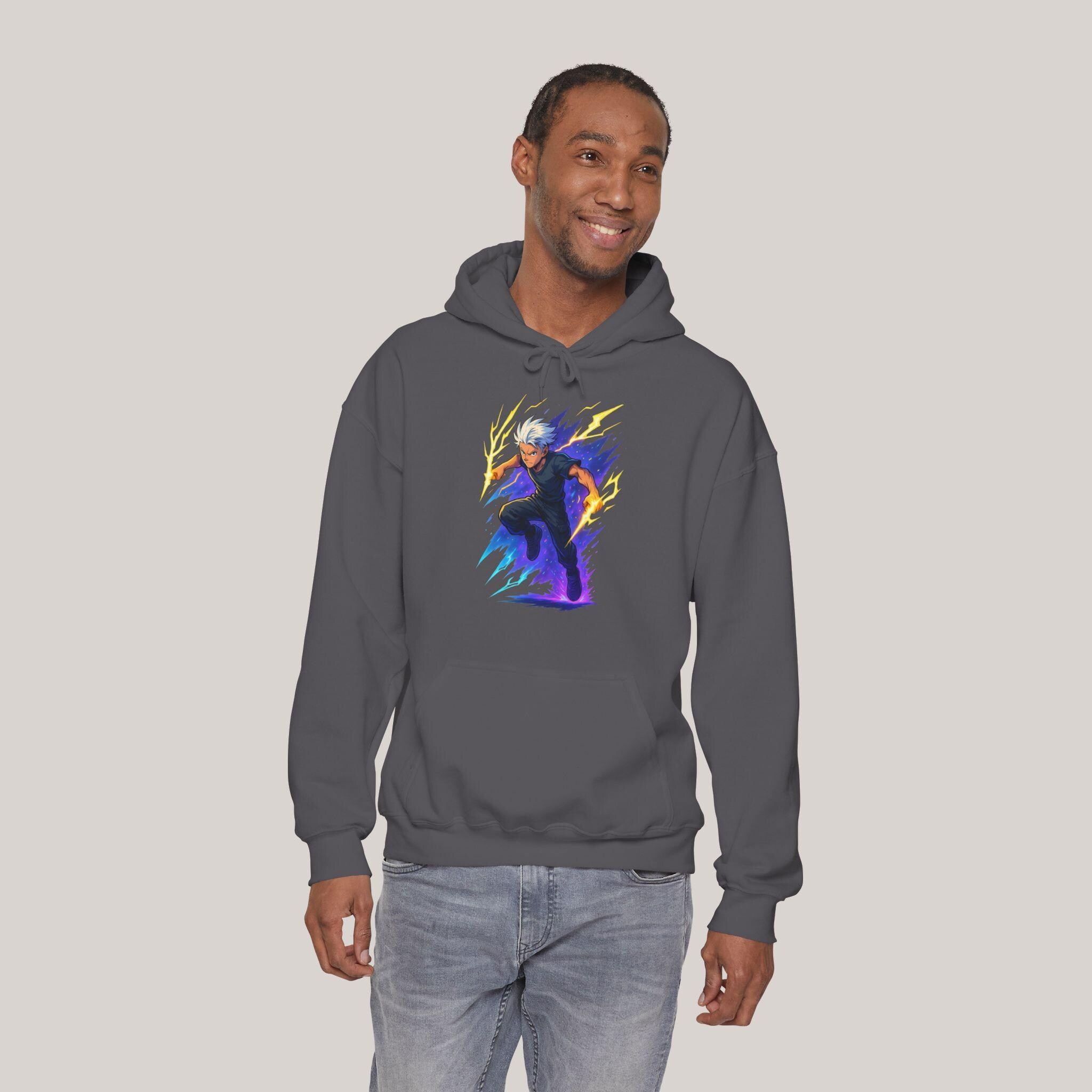 Anime Lightning Hero Hoodie Neon Glow Streetwear Electric Power Gift for Anime Lovers and Gamers