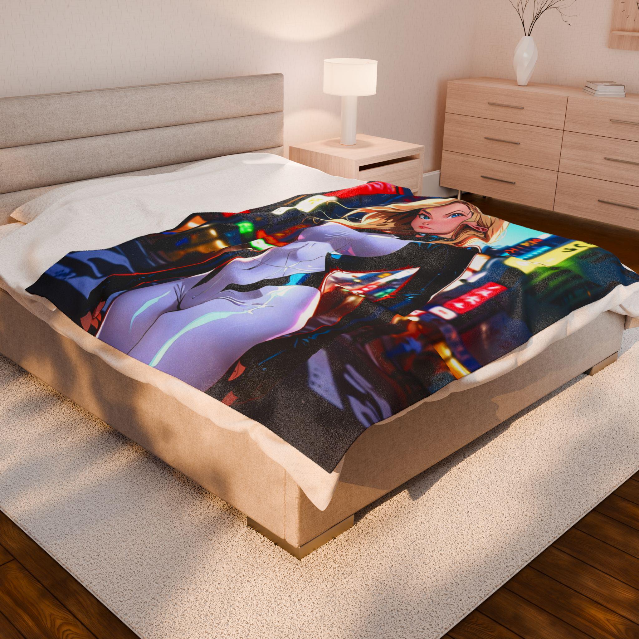 Anime Girl Fleece Blanket Futuristic Streetwear Sci-Fi Tokyo Neon Art Throw Gift for Anime Fans and Otaku
