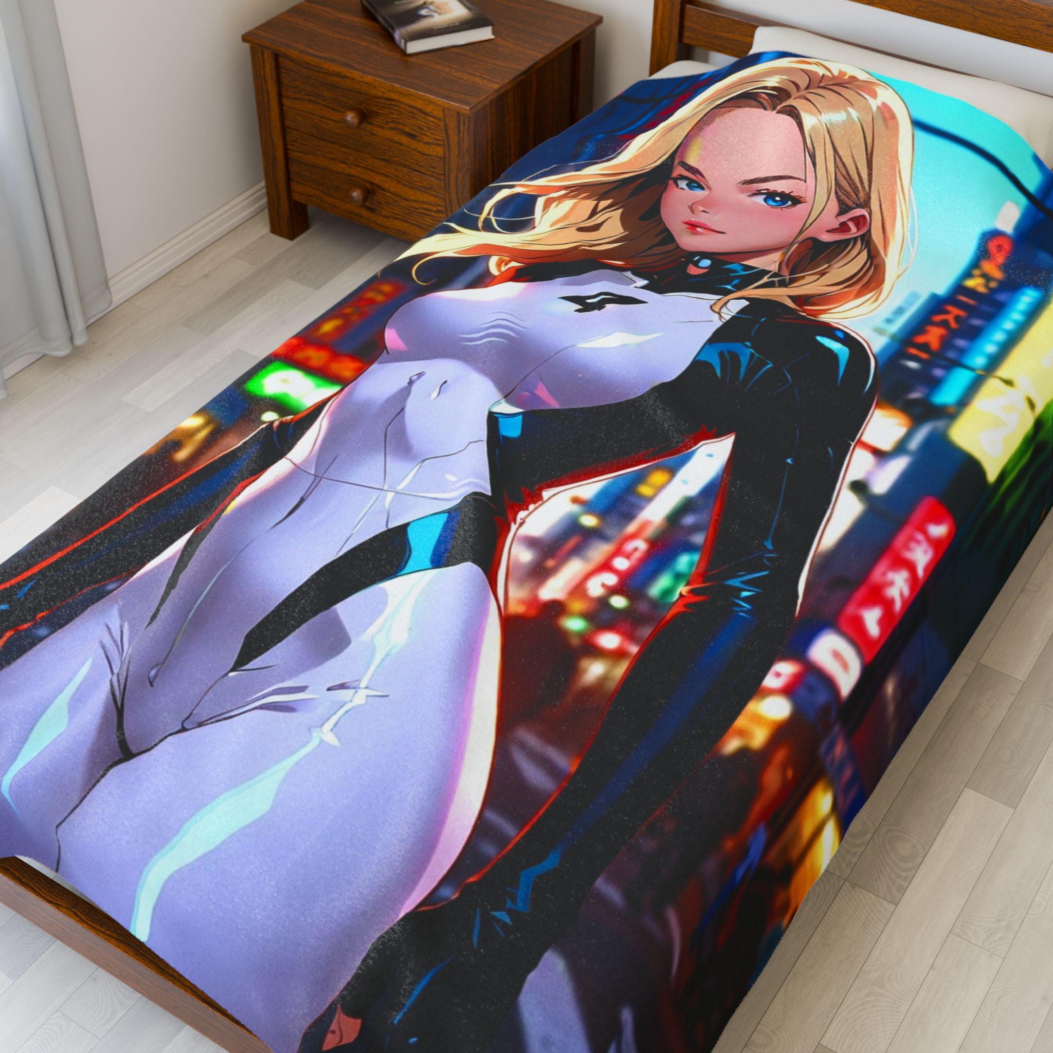 Anime Girl Fleece Blanket Futuristic Streetwear Sci-Fi Tokyo Neon Art Throw Gift for Anime Fans and Otaku
